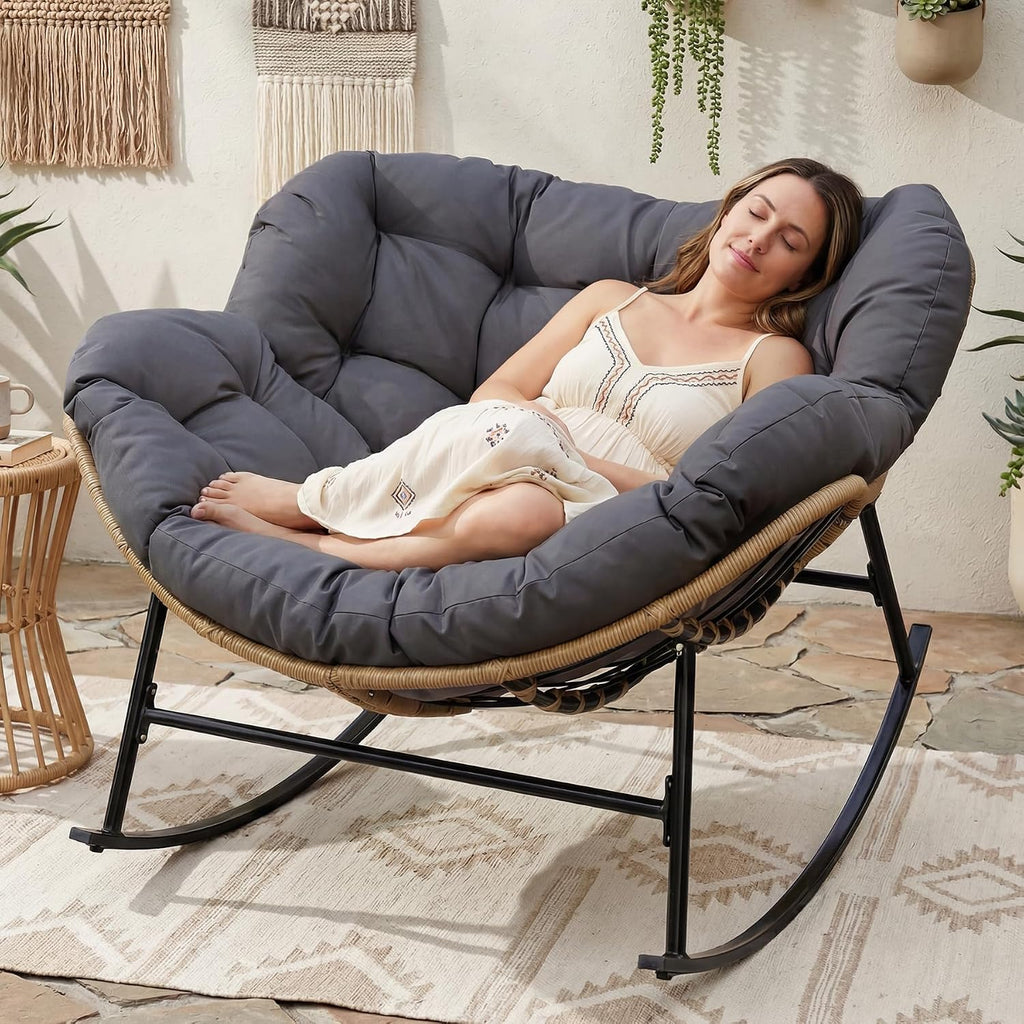 BULEXYARD Oversized Papasan Rocking Chair Outdoor with Cushion, PE Wicker Royal Rocking Egg Chair for Reading/Relaxing, 450 lbs Heavy Duty Sturdy Glider Recliner for Balcony, Porch, Livingroom Grey