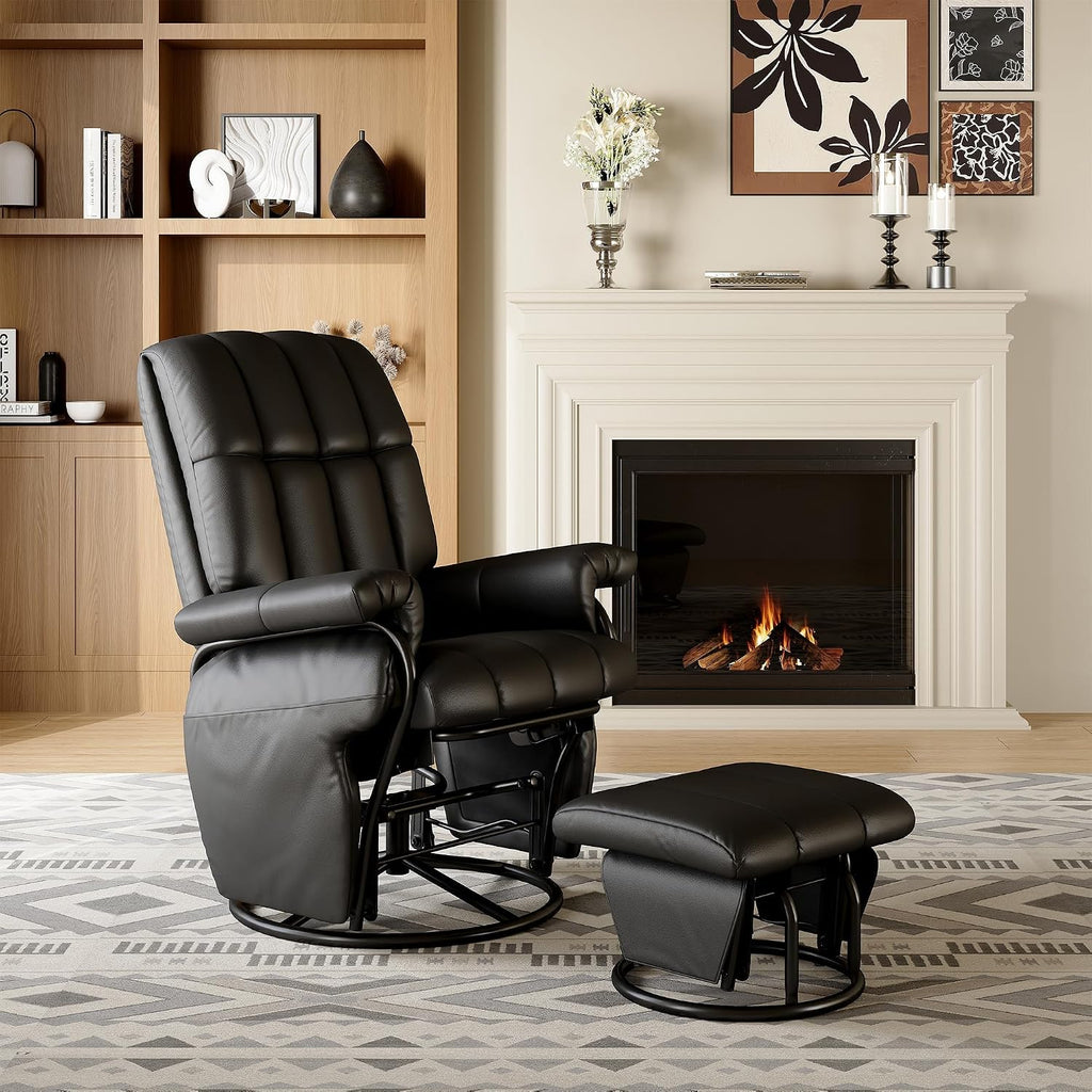 AODAILIHB 360° Swivel Glider Recliner with Ottoman, Nursing Glider Rocking Chair with Foot Rest & 2 Side Pockets for Nursery, Living Room, Bedroom, Office, Black