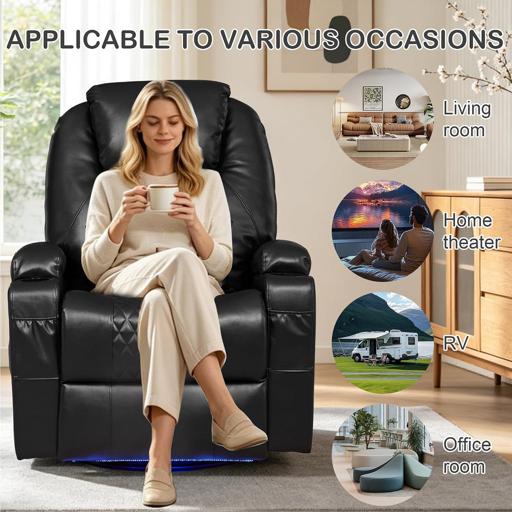 Power Swivel Rocker Recliner with Dual Motor, 240° Electric Glider Recliner with Heat & Massage, Rocking Chair Theater Seating with LED/Lumbar Pillow/USB Port/Cup Holders（Faux Leather Black, 1）