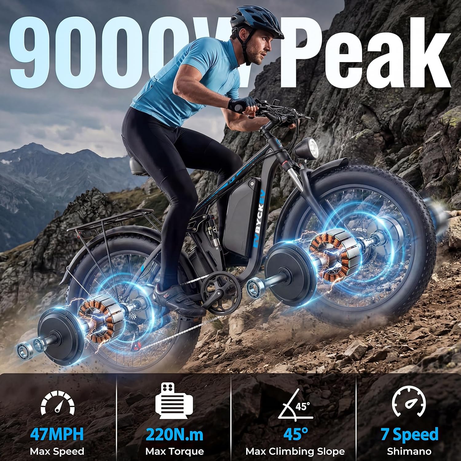 9000W Peak Dual Motor Electric Bike,52V 34Ah 1972Wh Ebike for Adults,42-47MPH Fast Ebike,Up to 105Miles 24' x4.0 Fat Tire Full Suspension Mountain Hunting E Bicycle for Sand Beach Off-Road
