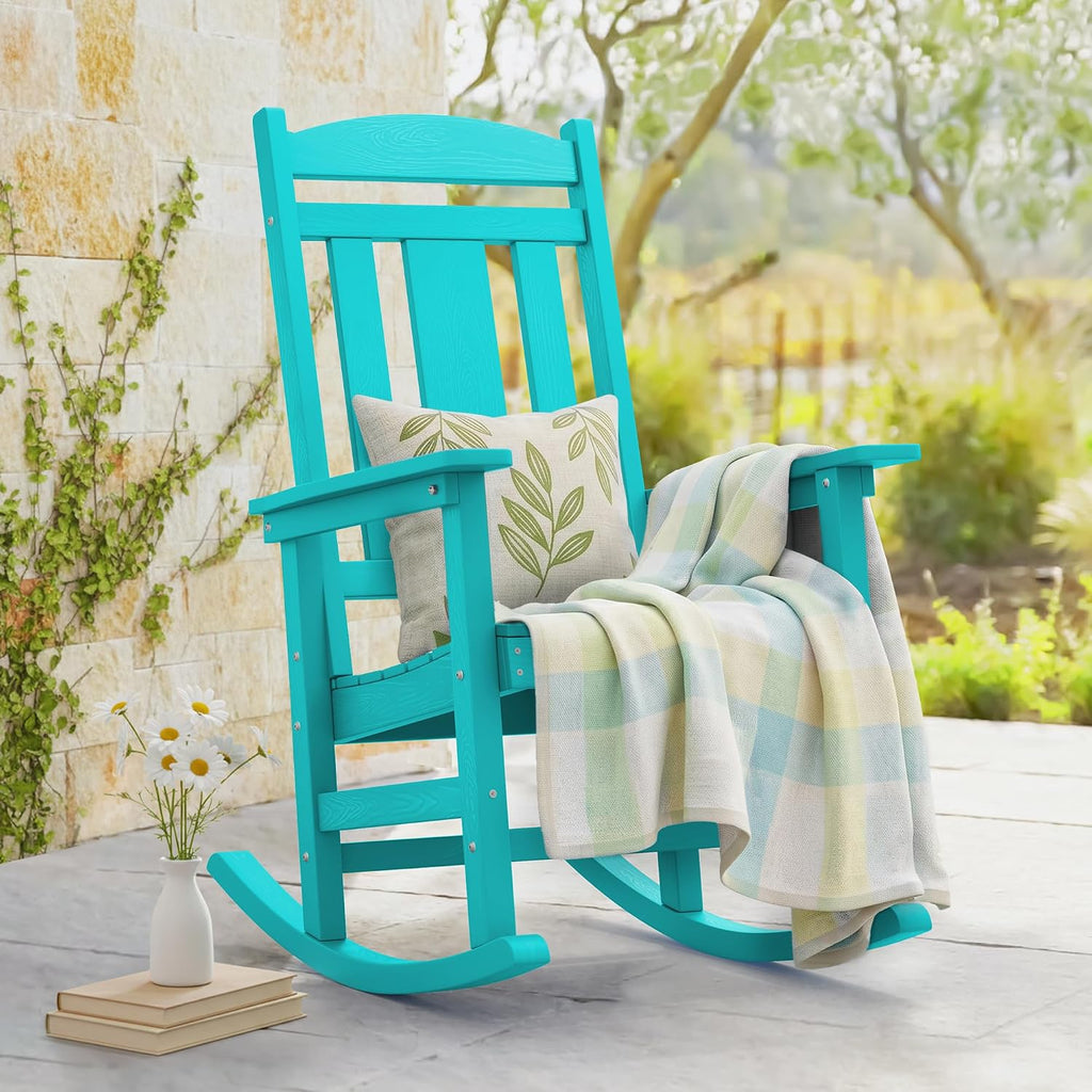 LUE BONA Rocking Chair Outdoor, Weather Resistant HDPS Plastic Rocker Chairs, 350lb Heavy Duty, Oversized Porch Rocker for Adult, High Back Smooth Rocking Chairs for Outdoor & Indoor, Aruba Blue
