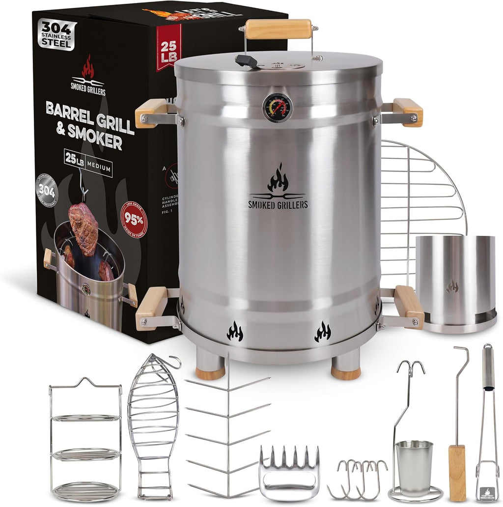Barrel Smoker Grill Combo | 100% 304 Stainless Steel Barrel | 95% Less Smoke, Even Heat | Easy to Use & Clean – Vertical Smoker Ideal for Balconies and Backyards (MEDIUM-25 LBS)