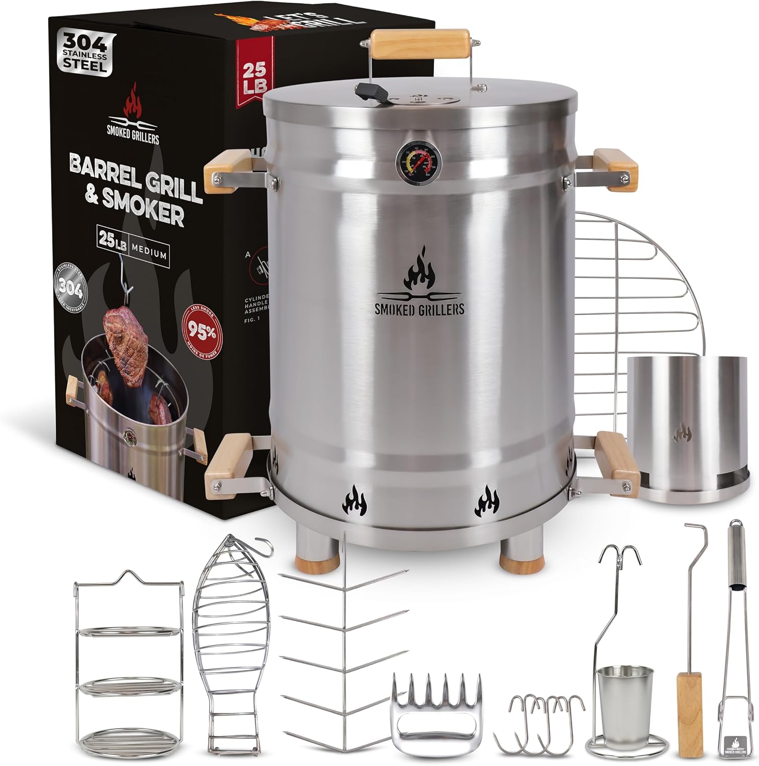 Barrel Smoker Grill Combo | 100% 304 Stainless Steel Barrel | 95% Less Smoke, Even Heat | Easy to Use & Clean – Vertical Smoker Ideal for Balconies and Backyards (MEDIUM-25 LBS)