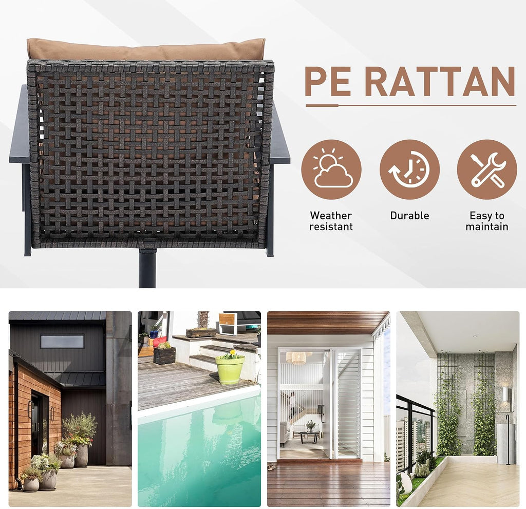 GDY Outdoor Patio Swivel Rocking Chairs Set, Patio Porch Furniture with Thick Cushions, 3 Pieces Outdoor Bistro Set with Rattan Side Table, Loading capacity 440LBS, for Garden, Porch, Poolside, Brown.