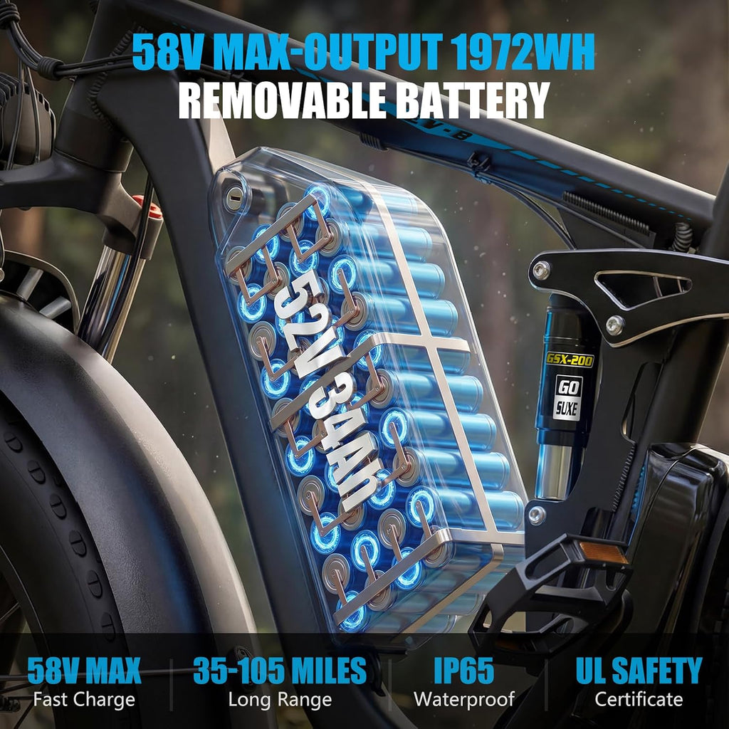 9000W Peak Electric Bike,58V Max-Output Dual Motor Ebike for Adults, 47MPH 1856Wh Fast E Bike,Up to 105Miles 24' x4.0 Fat Tire Full Suspension Mountain E Bicycle for Sand Beach Commuter