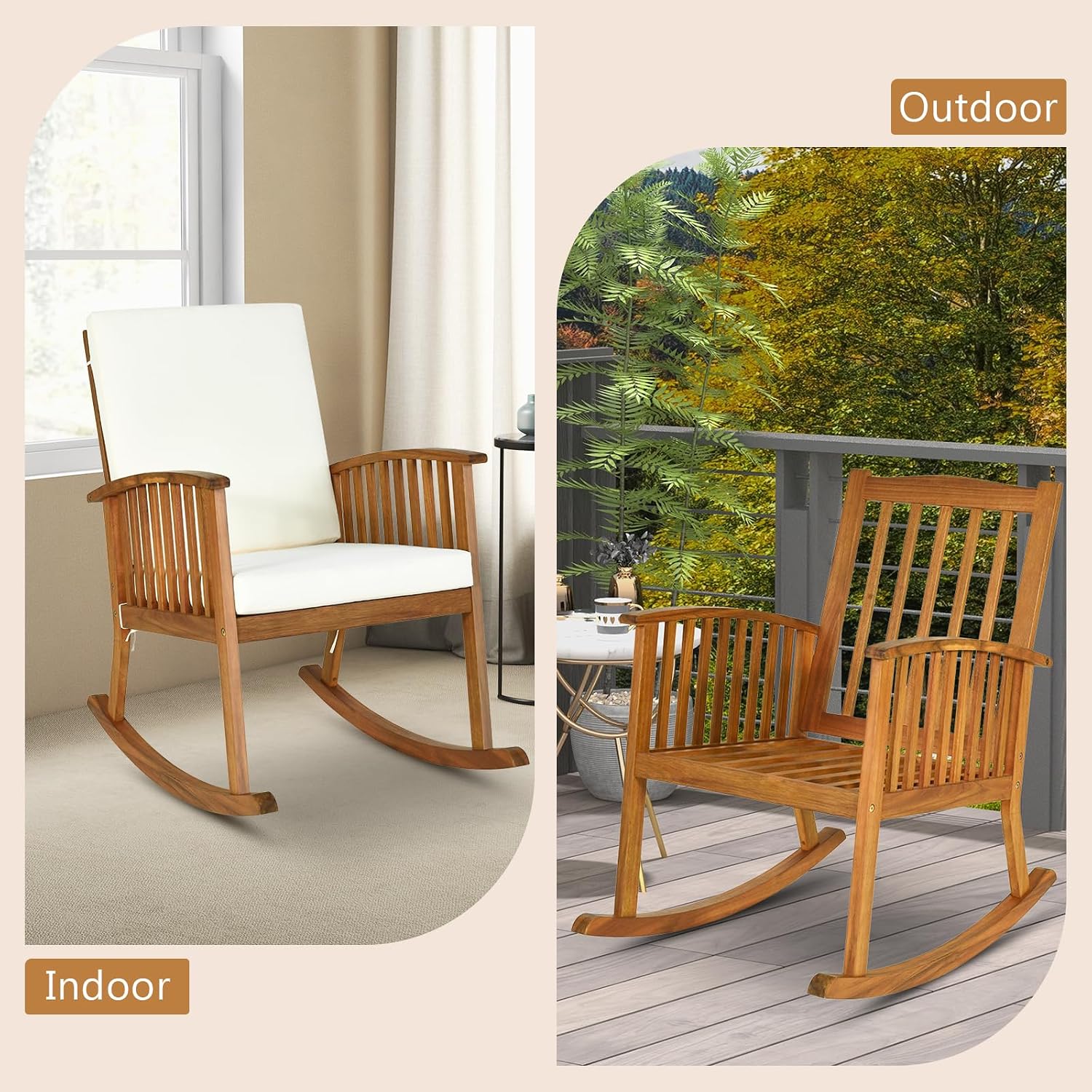 Rocking Chair Outdoor, Acacia Wooden Rocker Chair with Seat and Back Cushion, Armrests, Comfortable Porch Rocking Chair with 355Lbs Support for Lawn, Patio, Backyard, Garden, Deck, Indoor