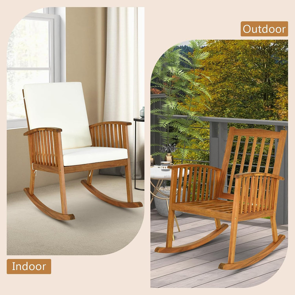 2PCS Rocking Chair Outdoor, Acacia Wooden Rocker Chair with Seat and Back Cushion, Armrests, Comfortable Porch Rocking Chair with 355Lbs Support for Lawn, Patio, Backyard, Garden, Deck, Indoor