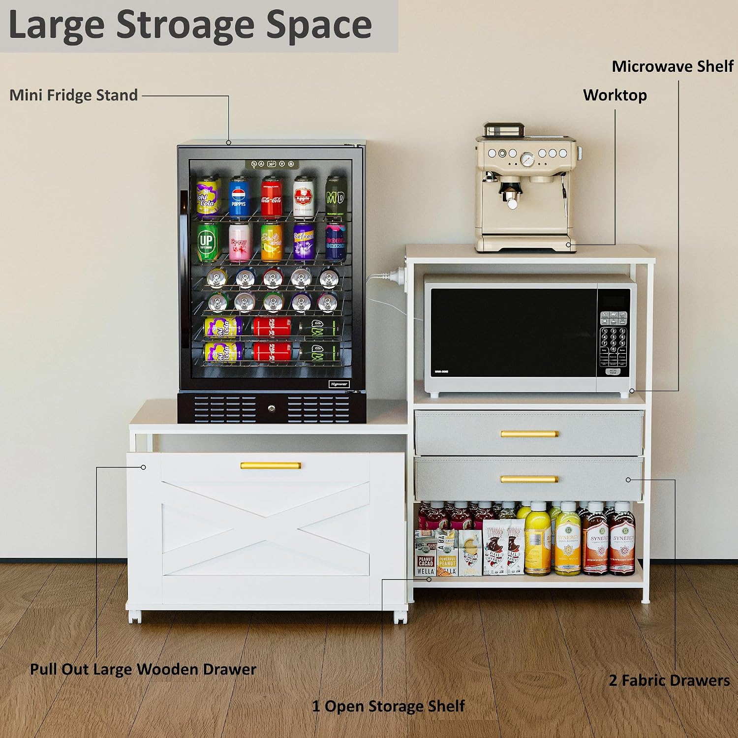 Mini Fridge Stand with Storage Drawers, Farmhouse Mini Fridge and Microwave Stand with Power Outlet & Cabinet, Kitchen Bakers Rack with Storage Shelf and for Home Dorm Office Bar, White