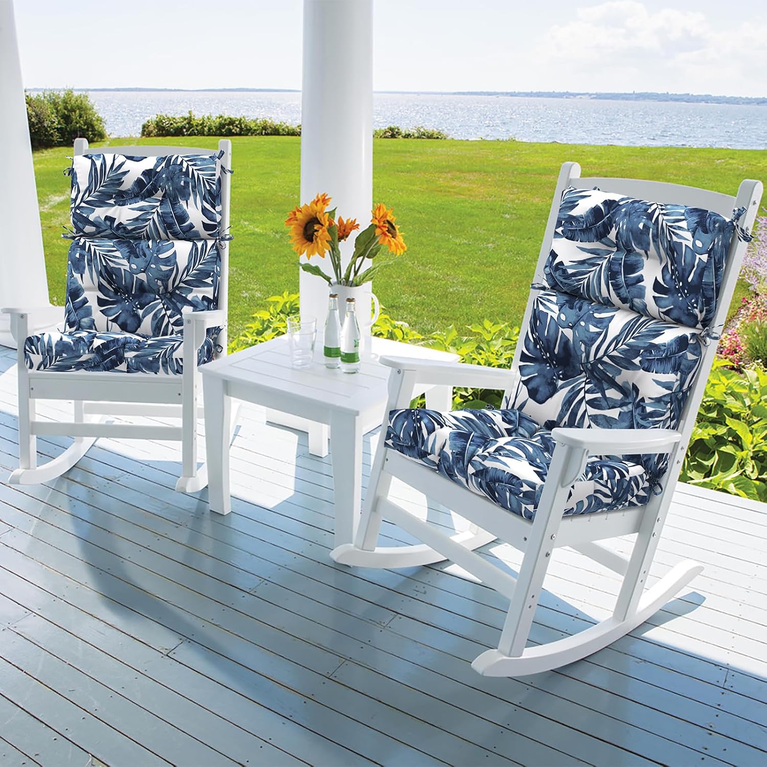 DYTXIII Outdoor High Back Chair Cushions Set of 2, Water Repellent Tufted Rocking Seat Cushions Replacement 44 x 22 Inch, Seat & Back Chair Pads for Patio, Balcony and Indoor Use -Palm Blue