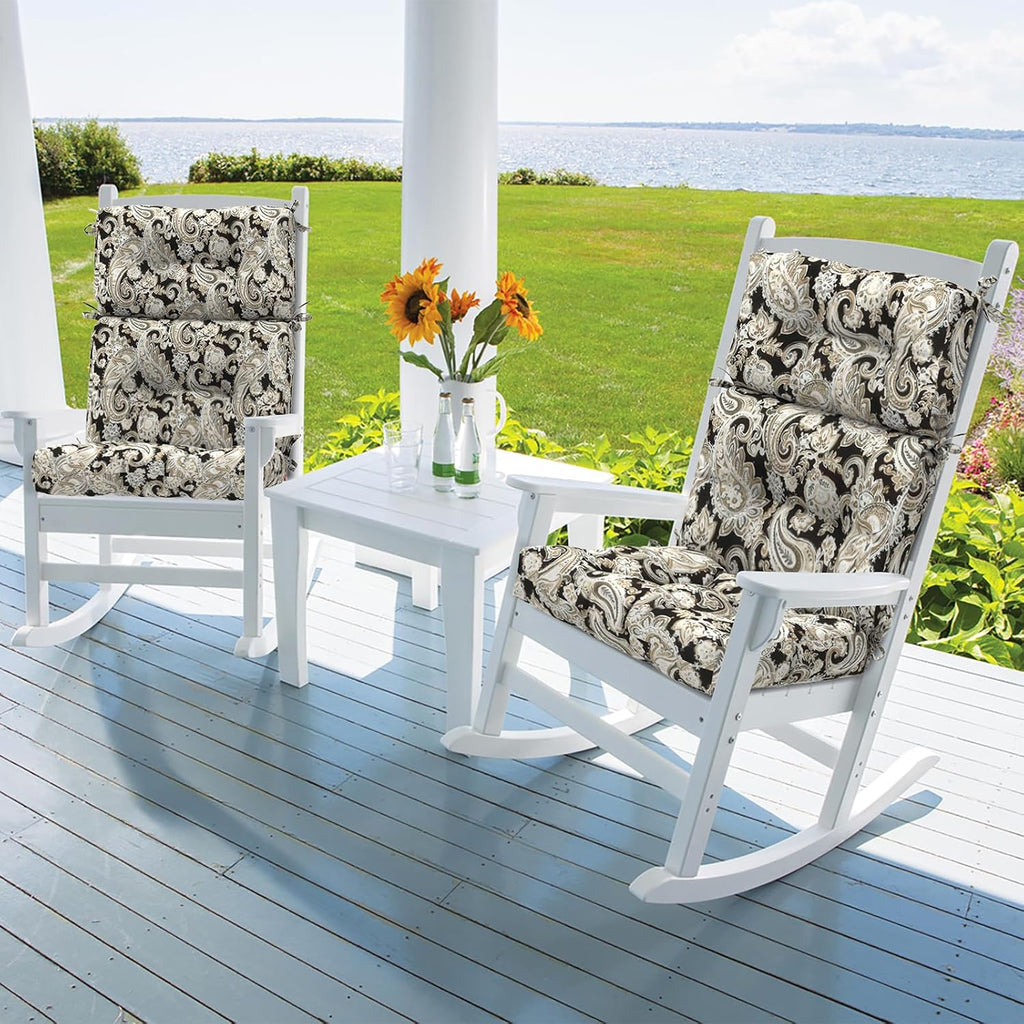 DYTXIII Outdoor High Back Chair Cushions Set of 2, Water Repellent Tufted Rocking Seat Cushions Replacement 44 x 22 Inch, Seat & Back Chair Pads for Patio, Balcony and Indoor Use -Paisley Black