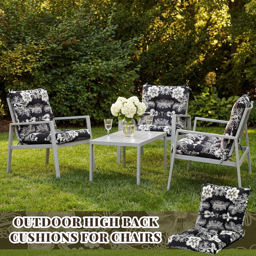Marsui 4 Pcs Outdoor Indoor High Back Chair Cushions Patio Furniture Tufted Pillow with Ties Water-Resistant Replacement Outdoor Rocking Chair Cushions, 42 x 21 Inches (Black,Flower)