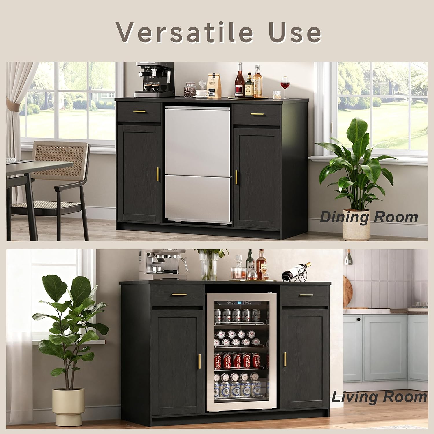 Herture Mini Fridge Cabinet,Coffee Bar Cabinet with Fridge Space & Wine Storage with Outlets,Fits 24' Fridge,Mini Fridge Stand,Buffet Sideboard Table Wine Cabinet for Kitchen Dining Room Black KH04MRB