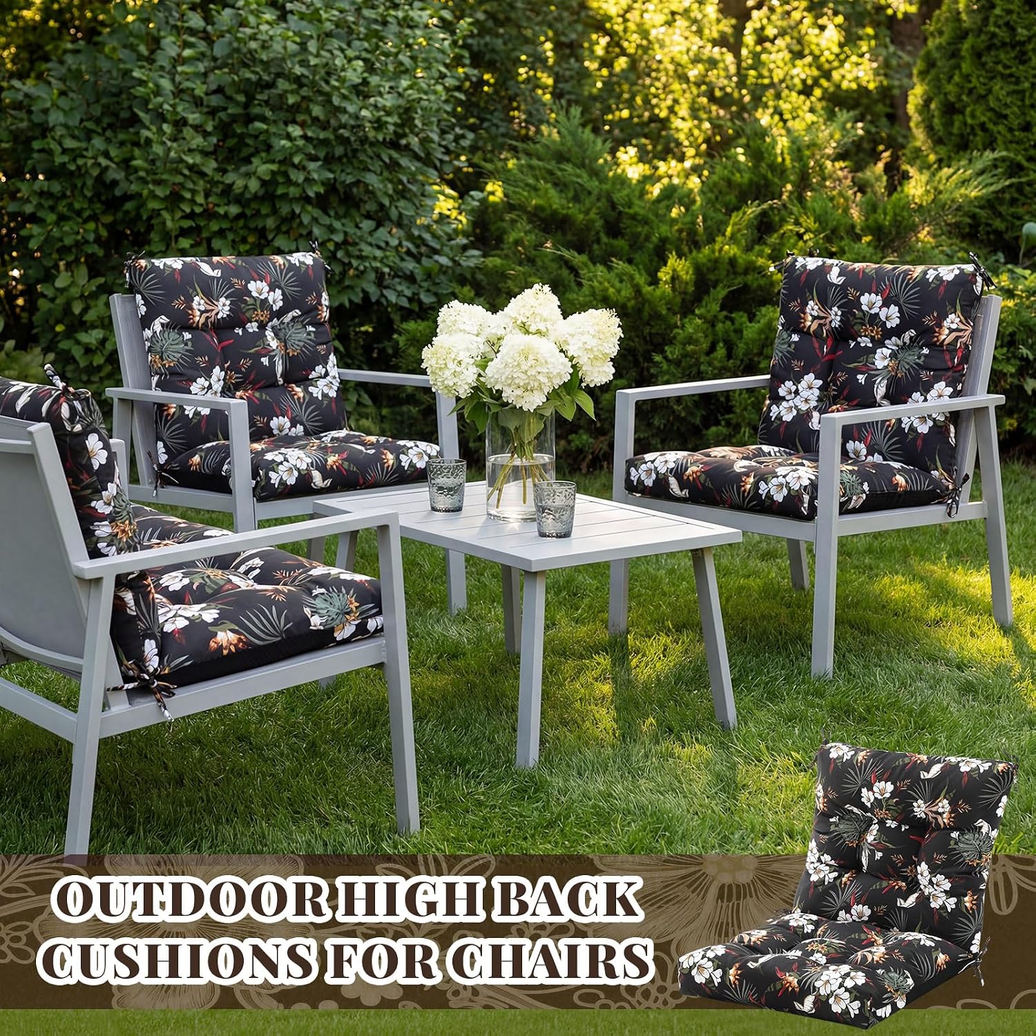 Marsui 4 Pcs Outdoor Indoor High Back Chair Cushions Patio Furniture Tufted Pillow with Ties Water-Resistant Replacement Outdoor Rocking Chair Cushions, 42 x 21 Inches (Black,Plants)