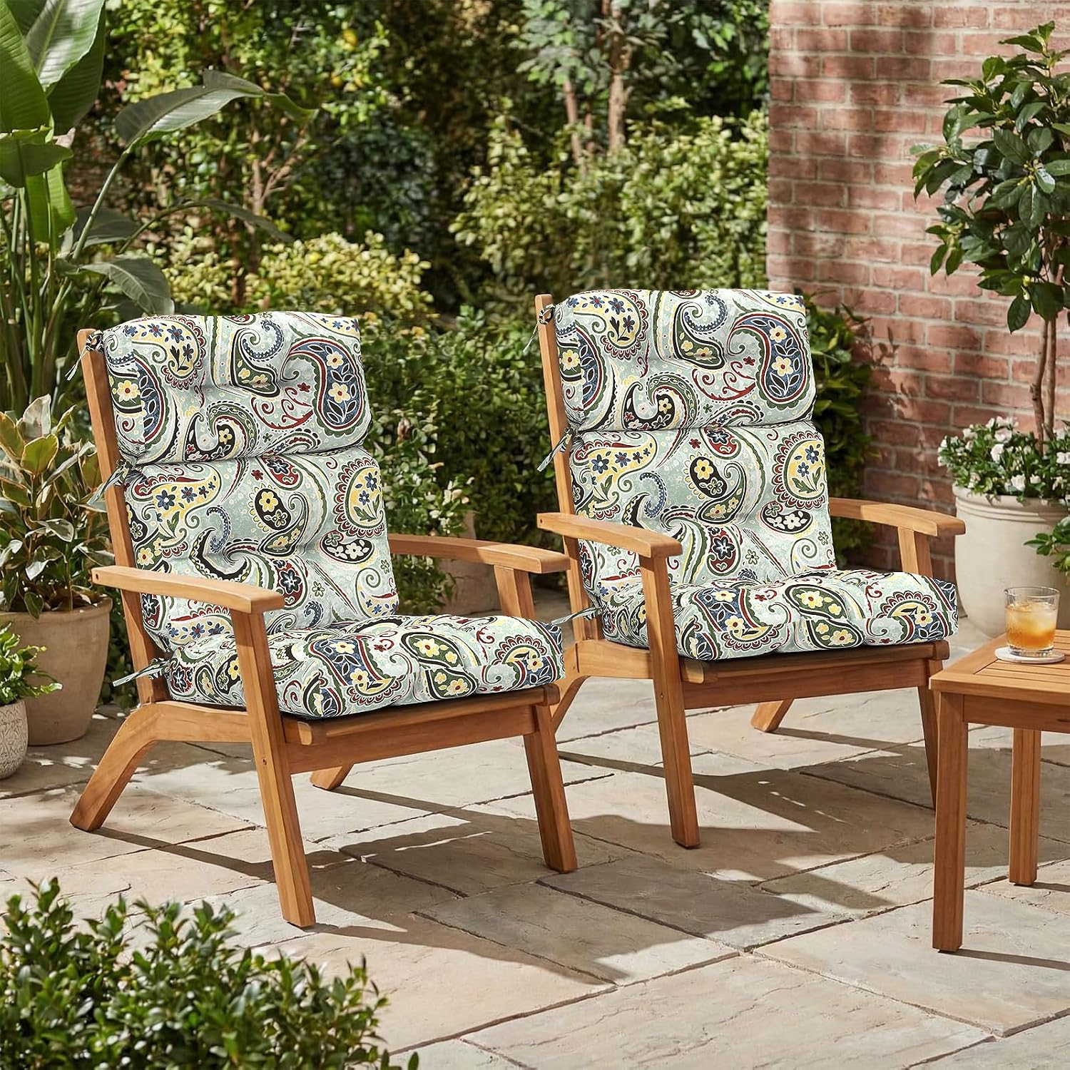 Outdoor High Back Patio Chair Cushions, Fade Resistant & Waterproof Tufted Seat and Back Cushions for Patio Furniture, Patio Chair Cushions 44x22 Inch, Set of 2, Paisley Lightcyan