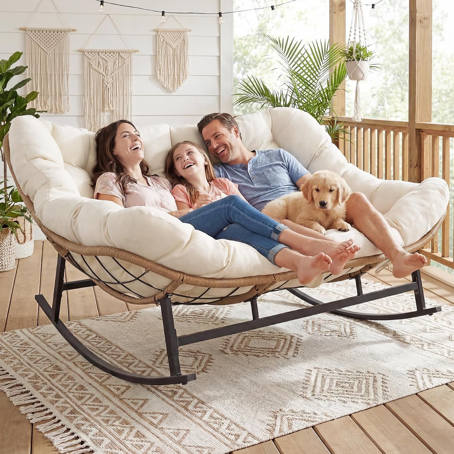 NICESOUL Outdoor Double Egg Rocking Chair, Oversized 2 Person Wide Papasan Rocker, Comfy Padded Recliner Loveseat, 700 lbs Heavy Duty Glider Lounge Chair with Cushion for Outside Backyard Porch, Beige