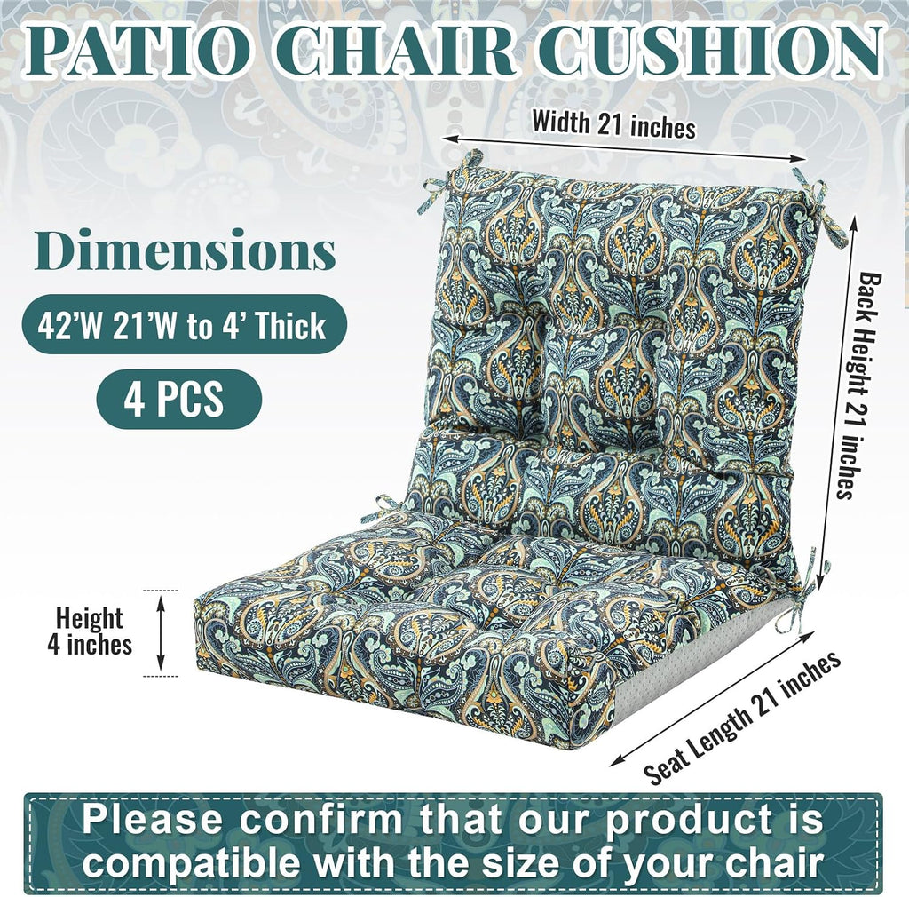 Marsui 4 Pcs Outdoor Indoor High Back Chair Cushions Patio Furniture Tufted Pillow with Ties Water-Resistant Replacement Outdoor Rocking Chair Cushions, 42 x 21 Inches (Blue,Paisley)