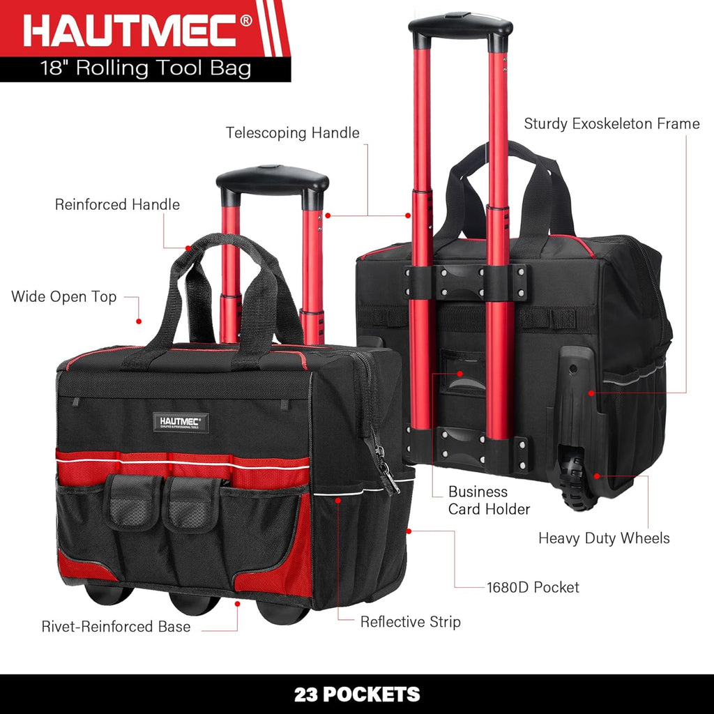 HAUTMEC 3-Piece Rolling Tool Bag Set, 18' Wheeled Tool Bag, 15' Open Top Tool Tote & 12' Wide Mouth Small Bag, Heavy-Duty 1680D Water-Resistant Tool Storage with Off-Road Wheel & Telescoping Handle