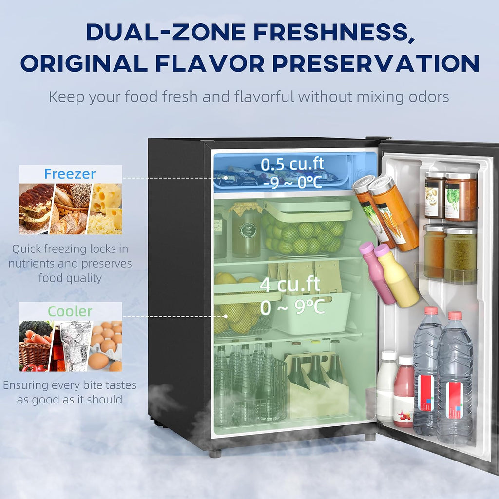 HOMCOM Mini Fridge with Freezer, 4.5 Cu.Ft Small Refrigerator with Adjustable Thermostat, Energy Efficient, Low Noise, Mini Refrigerator for Bedroom, Dorm, Office, Black