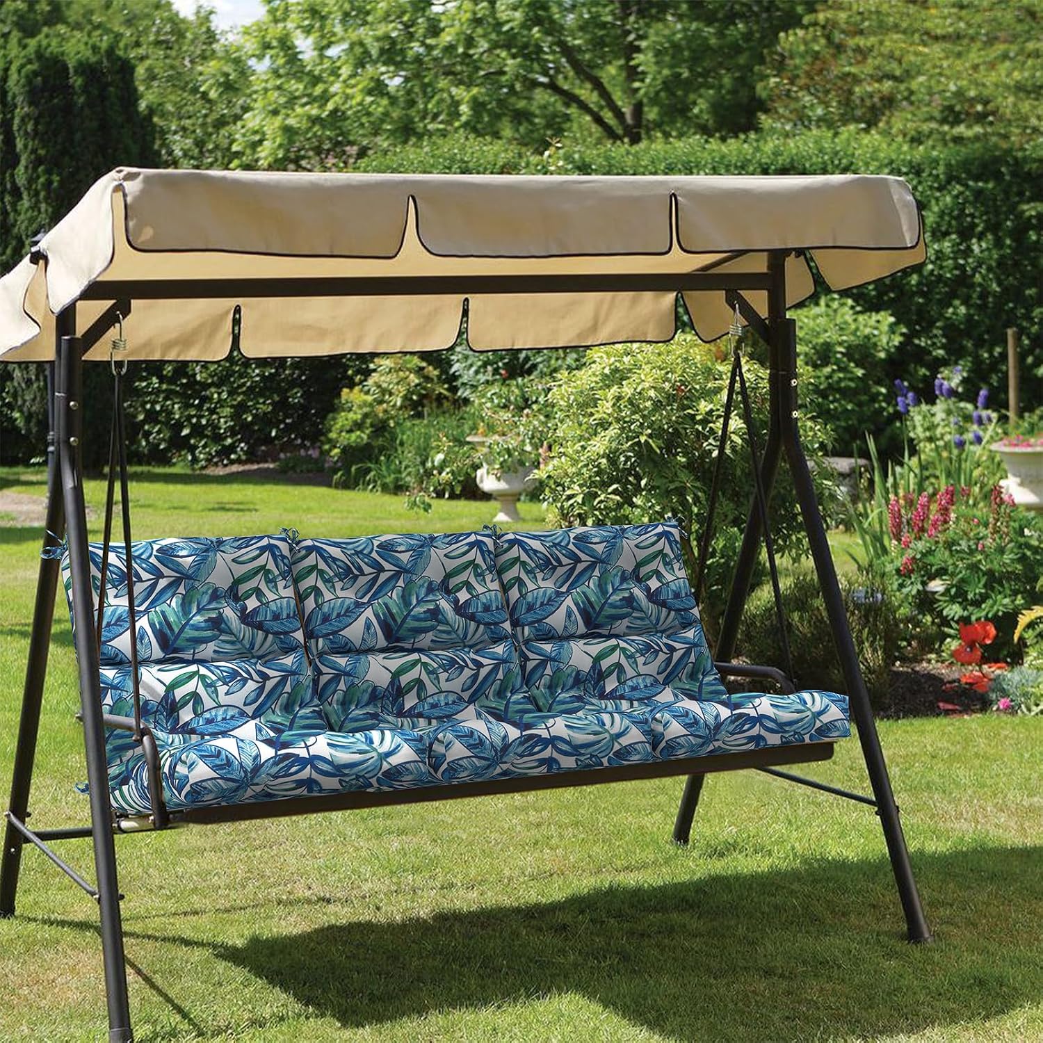 Outdoor High Back Patio Chair Cushions, Tufted Rocking Chair Cushions, Adirondack Cushions for Garden Porch Home Office Chairs Use, 44' x 22' x 4', 2 Pack, Leaves Ink Blue