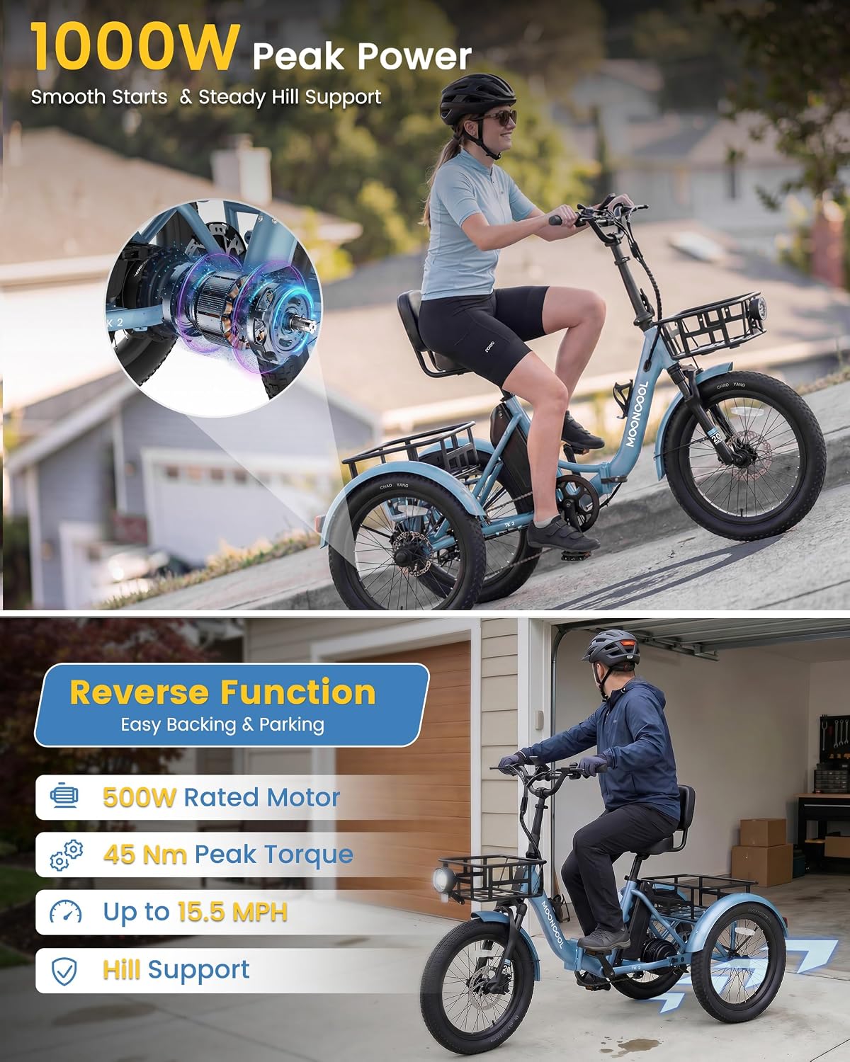 MOONCOOL Electric Trike for Adults, 500W/750W 48V Electric Tricycle for Adults, 20'x3.0' Fat Tire 3 Wheel Electric Bike, Folding Aluminum Adult Tricycle with Removable Battery