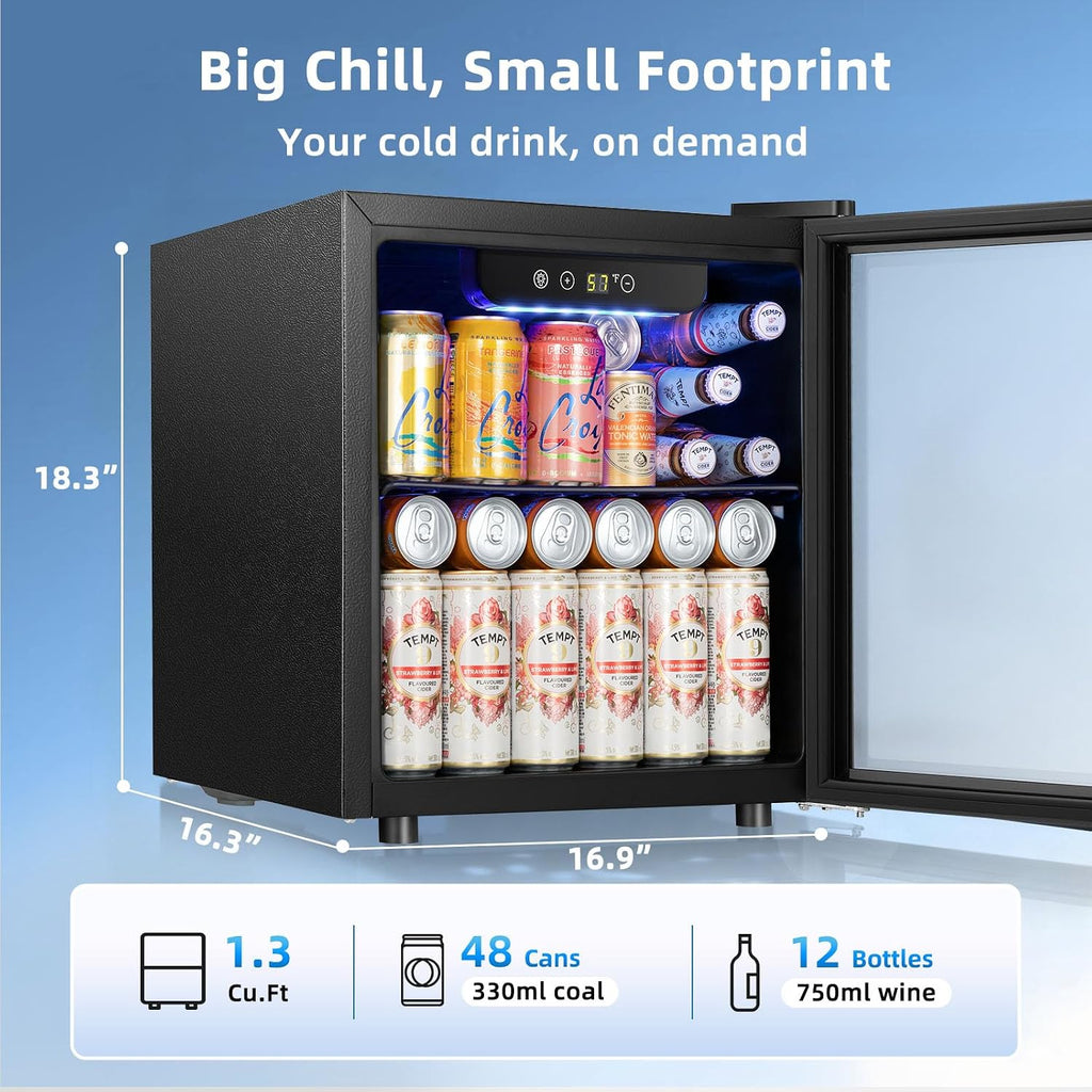 Antarctic Star 48 Can Beverage Refrigerator, 12 Bottle Mini Fridge with Seamless Stainless Steel Glass Door, Digital Temperature Display, Countertop Wine Cooler for Home Bar, Office, Kitchen, Silver