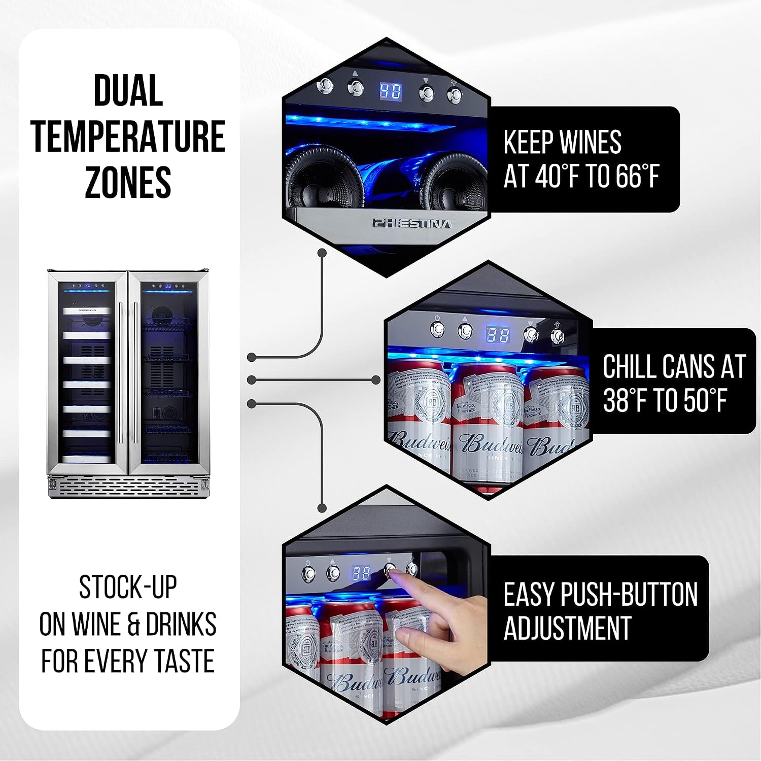 Wine and Beverage Refrigerator, 24 inch Wine Fridge Dual Zone w/ 60 Cans and 20 Bottles Capacity, Digital Touch Control, Built-In or Freestanding