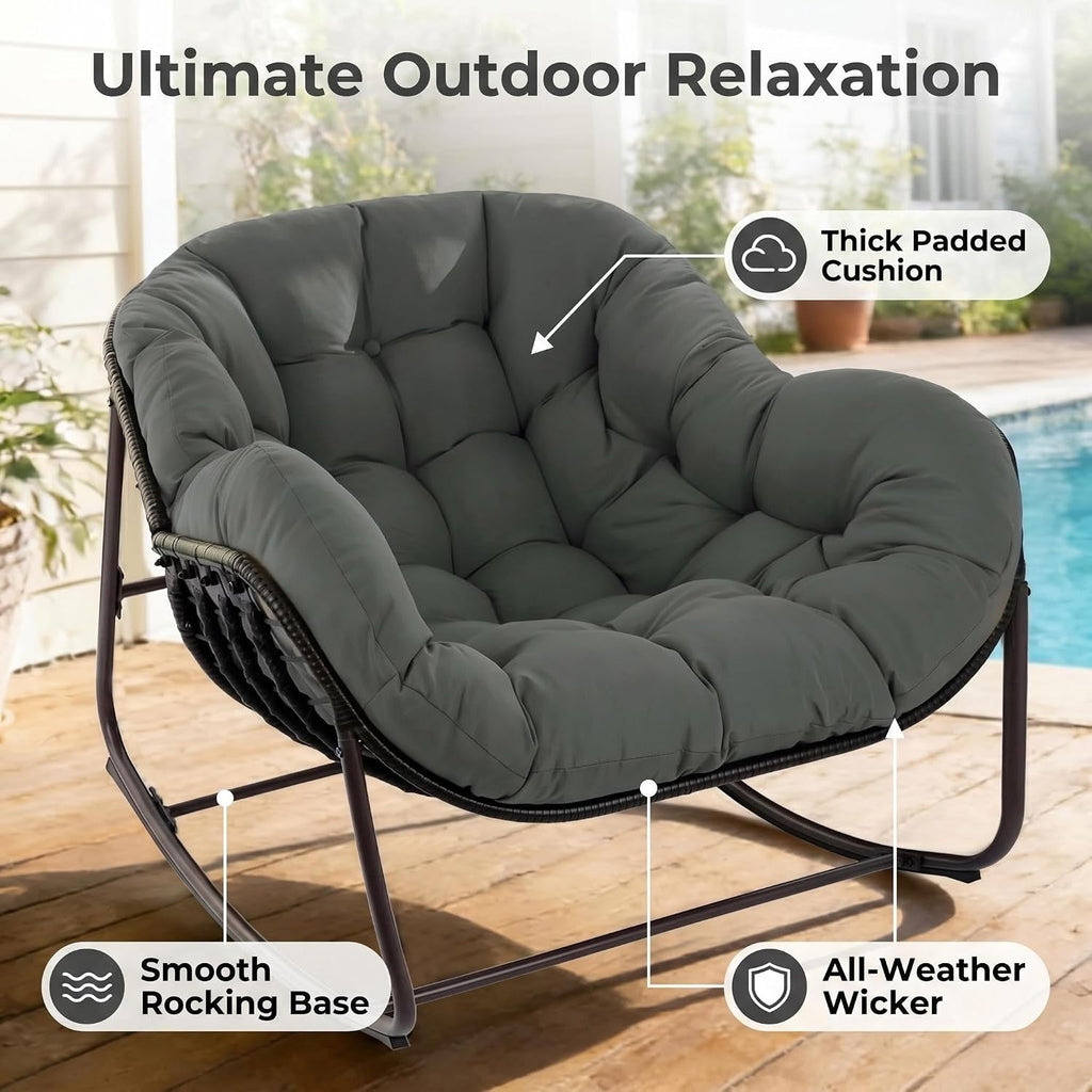 Papasan Rocking Chair Outdoor, Oversized Patio Rocking Chair with Cushions & Steel Frame, Wicker Egg Lounge Chair Indoor, Comfy Reading Chair for Patio, Deck, Porch (Grey, Style 1)