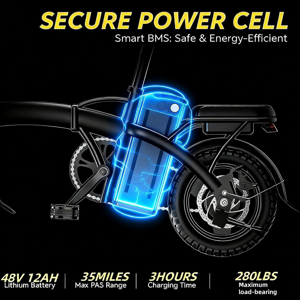 14' Commuter E-Bike for Adults, 500W Folding Electric Bike Up to 25MPh & 35-Mile Range, 48V12AH Removable Battery, Ul 2849 Certified Compact Electric Bicycle