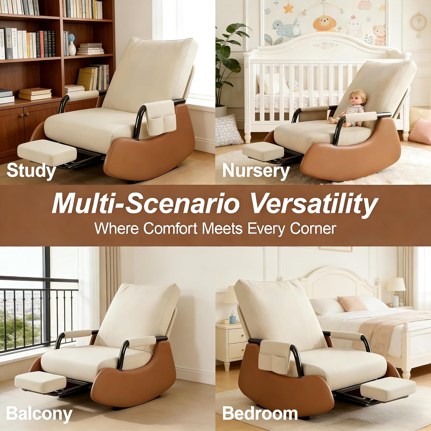JPBSTO Rocking Chair Nursery, Upholstered Glider Rocking Chair with Footrest, Side Pocket and Adjustable High Backrest, Foldable Rocker Recliner Perfect for Living Room Bedroom, Beige