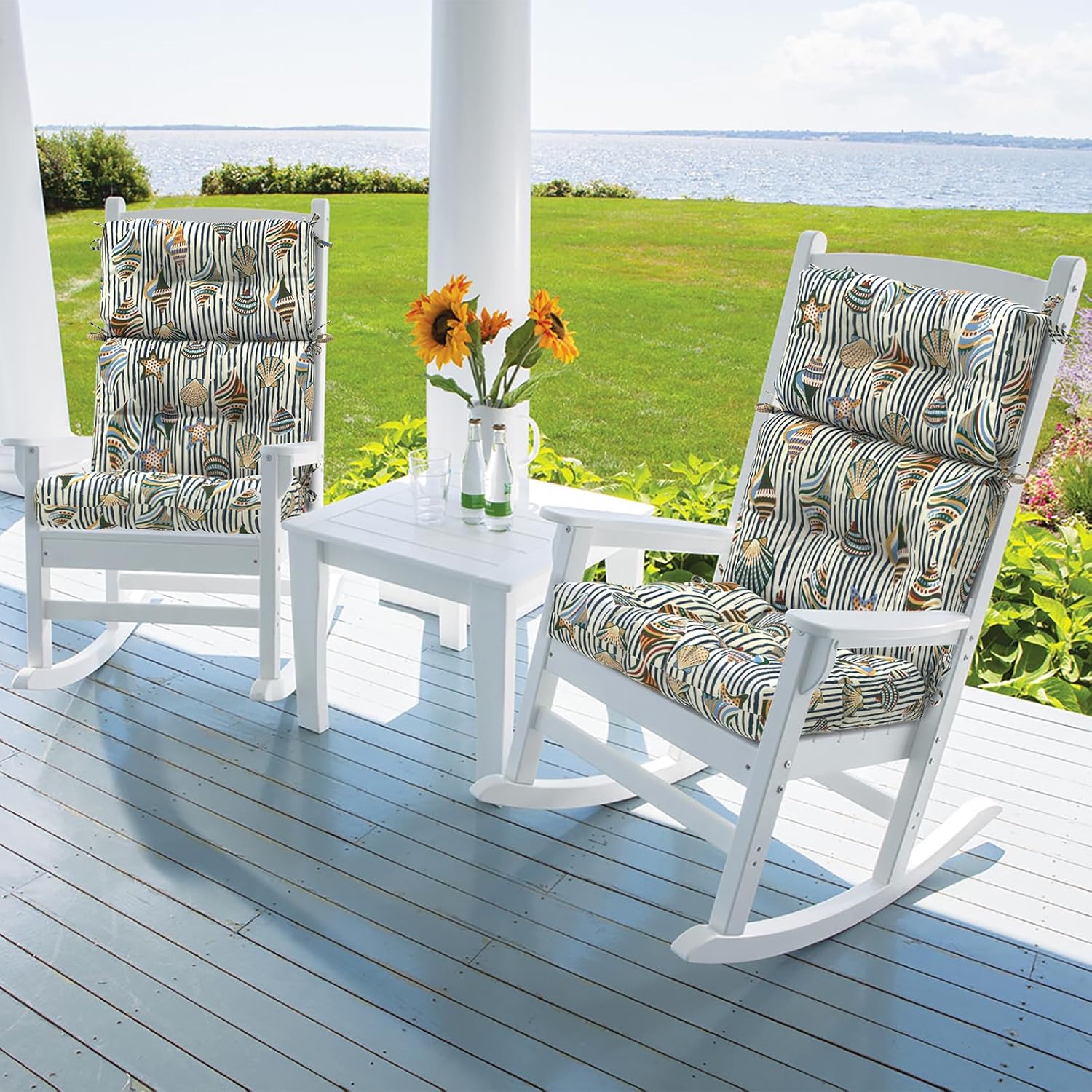 DYTXIII Outdoor High Back Chair Cushions Set of 2, Water Repellent Tufted Rocking Seat Cushions Replacement 44 x 22 Inch, Seat & Back Chair Pads for Patio, Balcony and Indoor Use -Crayon Shells