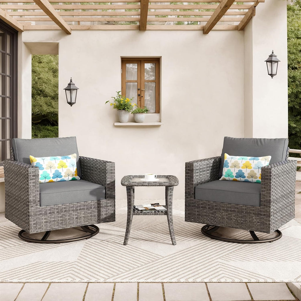 ovios 3 Pieces Patio Swivel Chairs with Side Table, Outdoor Wicker Rocking Chairs of 2 with Comfy Cushions, Rattan Glider Rocker Bistro Set for Porch Deck, Dark Grey