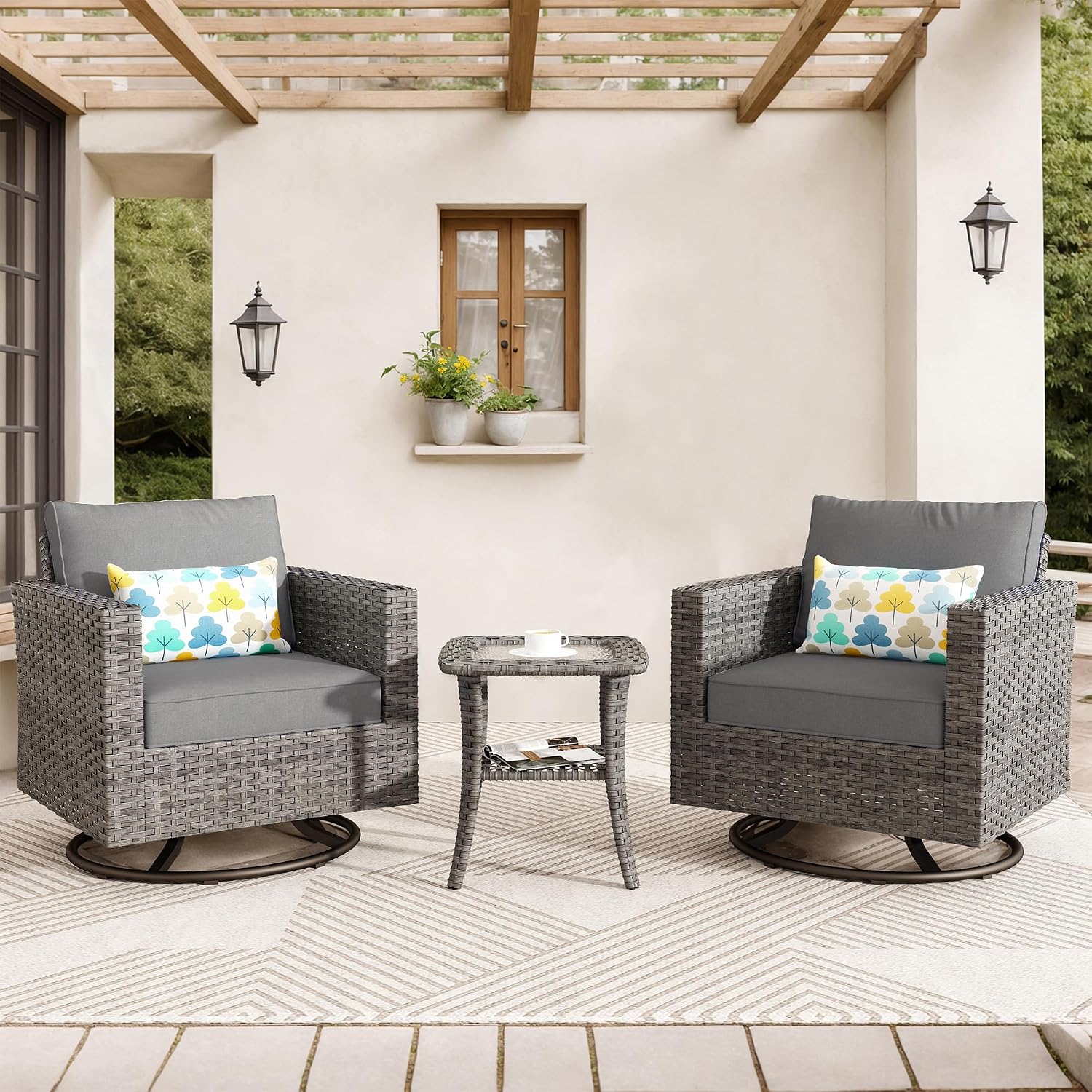 ovios 3 Pieces Patio Swivel Chairs with Side Table, Outdoor Wicker Rocking Chairs of 2 with Comfy Cushions, Rattan Glider Rocker Bistro Set for Porch Deck, Dark Grey