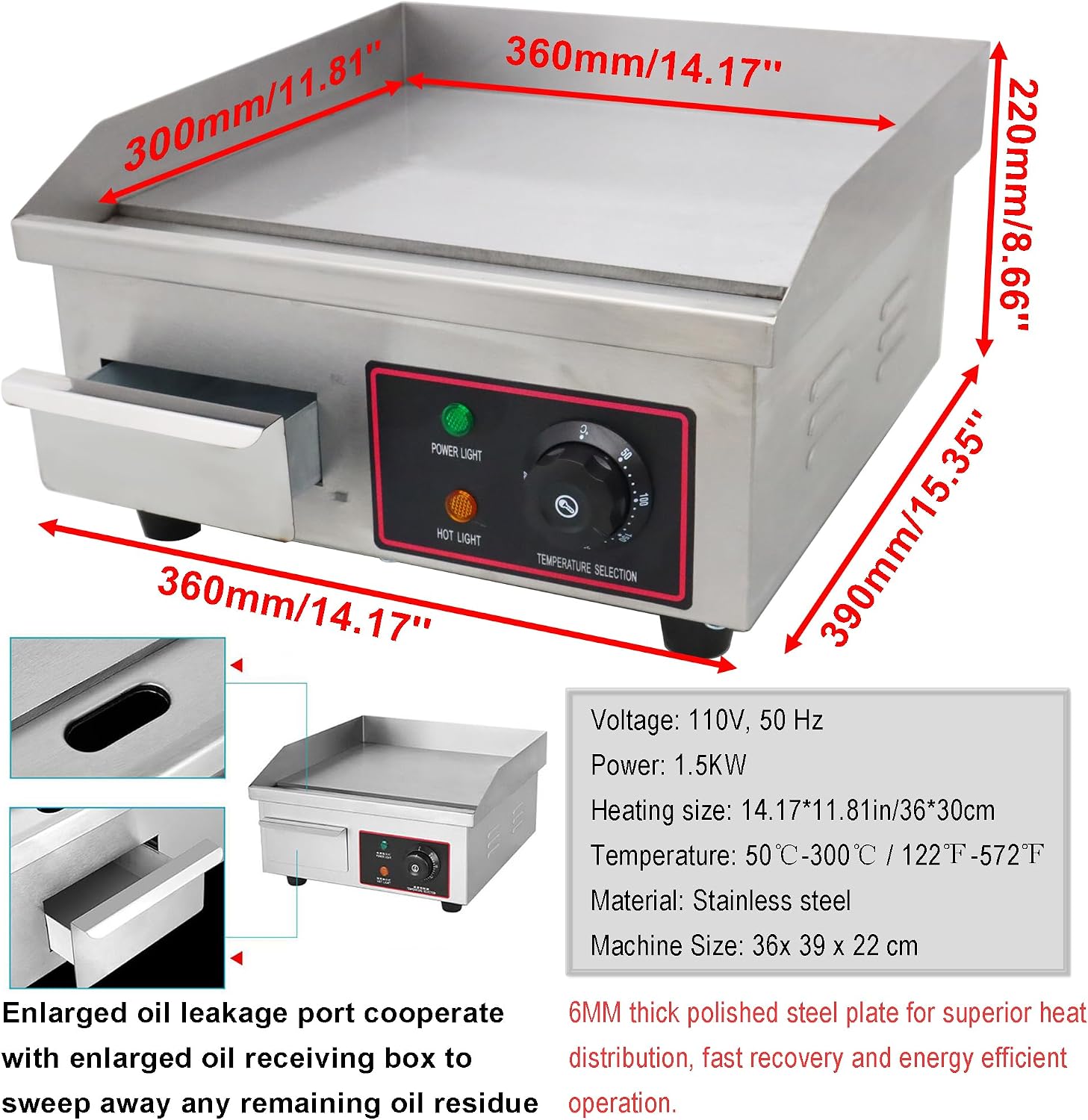 Electric Grill Griddle Camp Flat Cooking Griddle Grill Top Grill Hot Plate Stove Compact Stainless Steel Grill BBQ Plate Grill For Outdoor or Indoor 110V 14.17 * 11.81in Heating Size