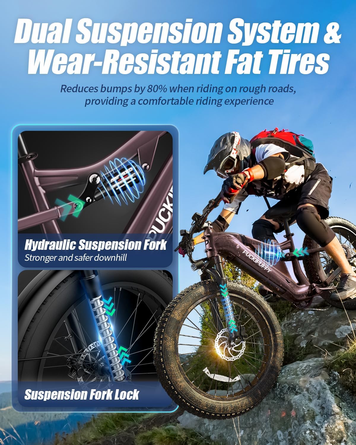 PUCKIPUPPY Electric Bike for Adults 28 MPH, 750W | 1350W Peak, Torque Sensor, 80 Miles Range, 26'x4' Fat Tire Electric Dirt Bike, Full Suspension Electric Mountain Bike, 8 Speed Ebike Labrador Pro