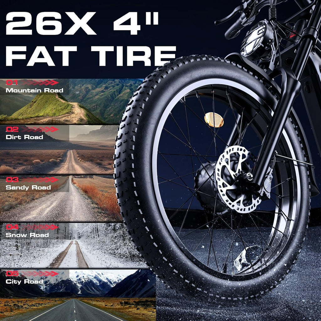 Seemoon 4000W Dual Motor Electric Bike for Adults,36 MPH Max up to100-Miles,52V 20Ah Battery & 160 Nm ,26' Fat Tire Mountain Ebike for Men Women,Full Suspension E-bike for Commuter Hunting Off-Road