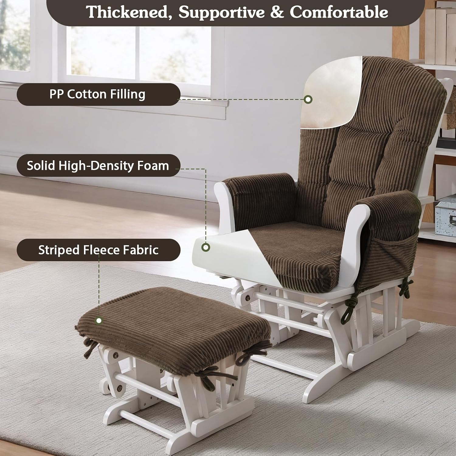 ANMINY 5pcs Glider Rocker Replacement Cushions Set - Thickened Fleece Glider Rocking Chair Cushions with 29.5 inch High Backrest & Side Pockets for Indoor Nursery, Washable & Non Slip, Brown