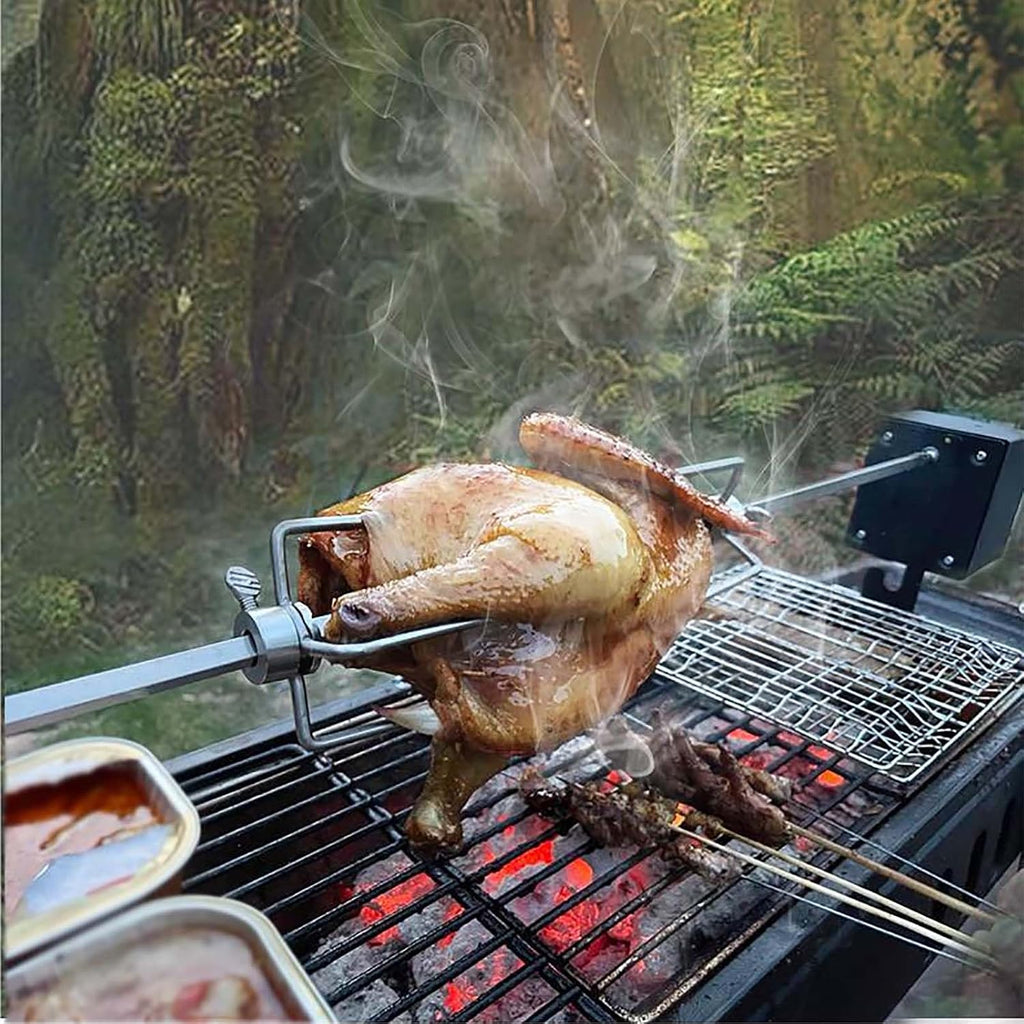 Universal BBQ Grill Rotisserie Kit, Stainless Steel Rotisserie Grill Kit with 4 Prong Meat Forks/Electric Motor, 360° Automatic Rotation, Heights Adjustable, Bear 22~33lb Food, for Outdoor