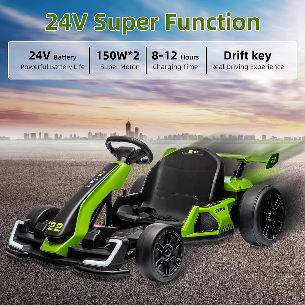 Nasitip 24V Electric Go Kart,300W Powerful Drift Kart for Kids, Electric Pedal Kart,with 300W Strong Motor, Drift/Sport Mode, Big Battery, Eva Tire,Length Adjustmen for Outdoor Racing Toy-Green