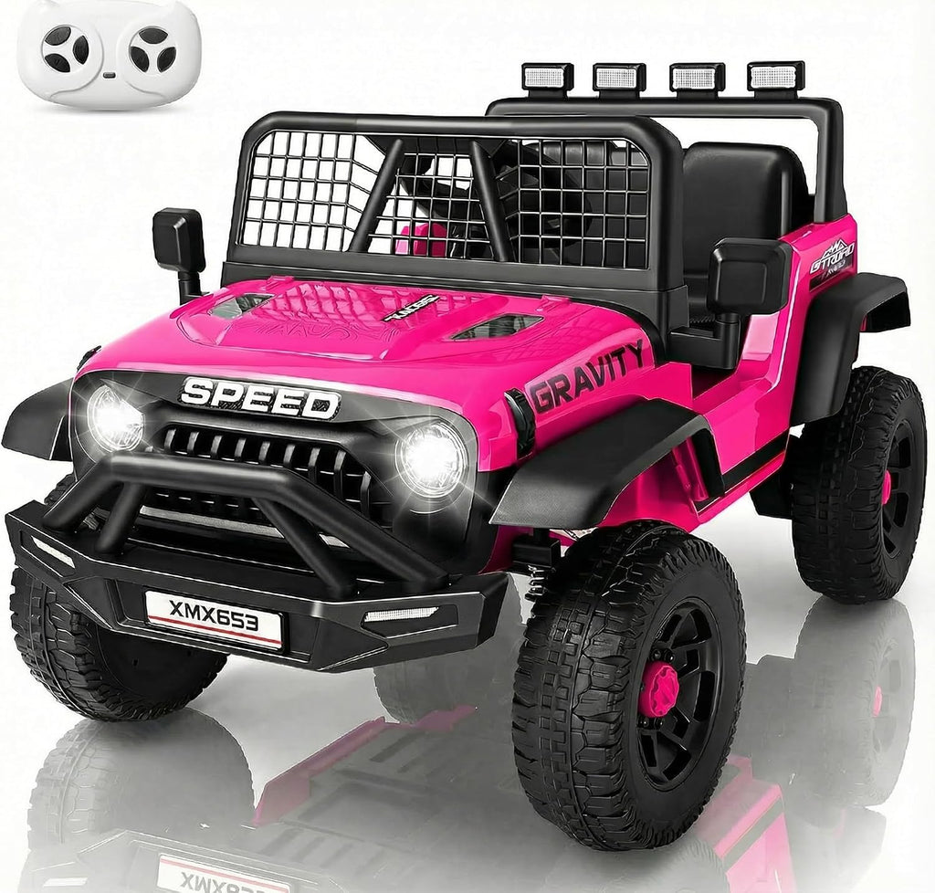 Hikole 12V Kids Electric Car with Remote Control, 1-Seater Ride on Truck Toy, Bluetooth Music, Dual Steering Wheel, Shock Absorbing Suspension, LED Lights & Safety Belt for Boys Girls Ages 3-6
