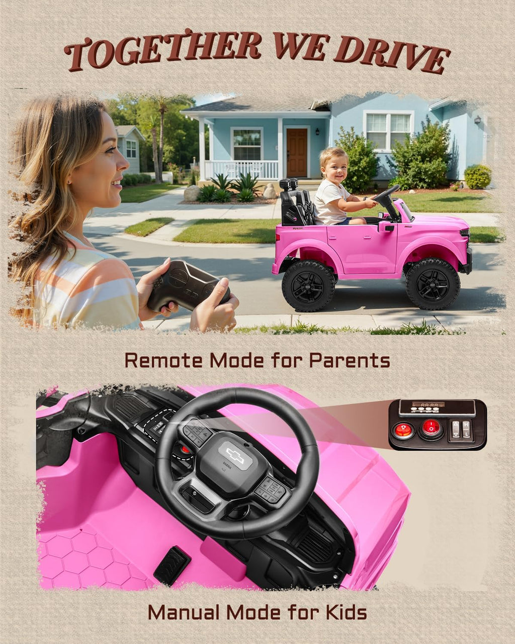 First Ride On 24V Ride on Toys for Big Kids, 2 Seater Licensed Chevrolet Silverado Ride on Car, Electric Car for Kids with Parent Remote Control, Bluetooth, LED Lights and Seat Belts (Pink)