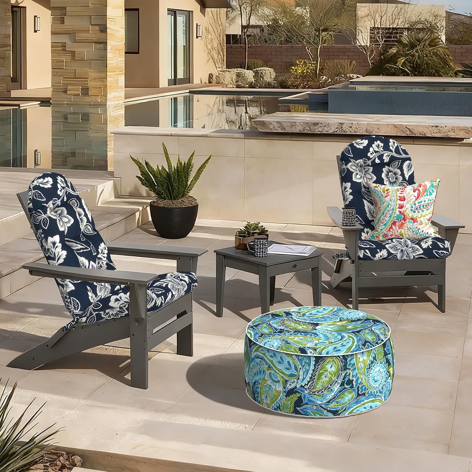 LVTXIII 2 Pack Outdoor Adirondack Chair Cushions, 44x19x4 Inch Water Repellent Patio Cushions for Rocking Chairs, Thick Tufted High Back Seat Cushion Set, Elegant Vines Navy