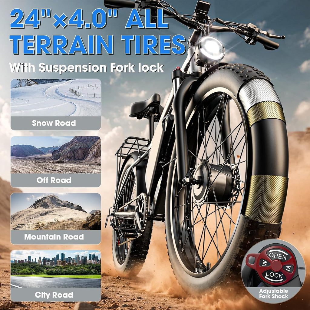 6000W Peak Dual Motor Electric Bike for Adults, 24' Fat Tire Ebikes 52V 32AH, Fast 45 MPH, 100 Miles Long Range, Hydraulic Brake, Pedal Assist Electric Bicycle for Off-Road Mountain Snow Commuter