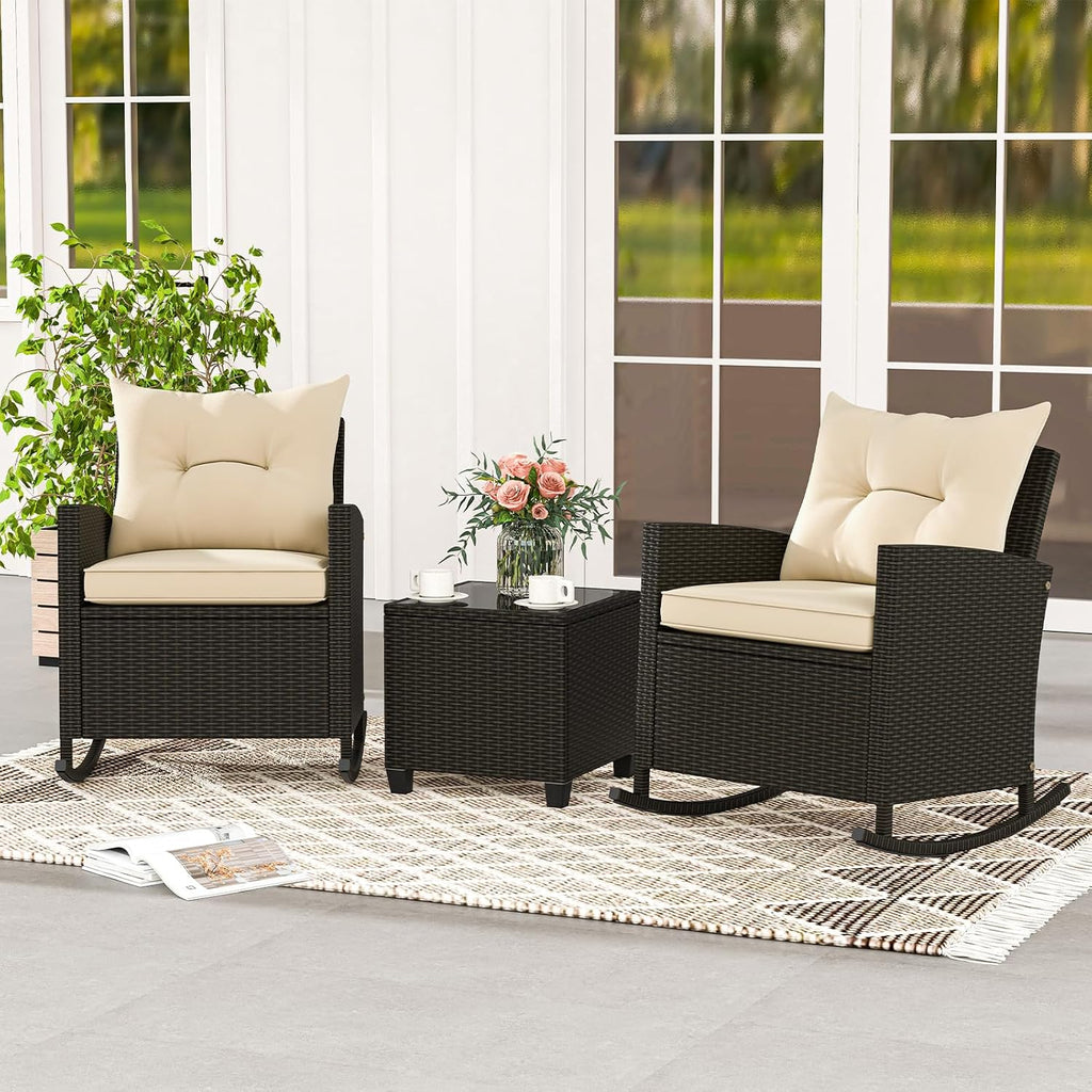 KOTEK 3 Piece Patio Furniture Rocking Bistro Set, Wicker Outdoor Rocking Chairs & Glass Table, PE Rattan Conversation Set for Porch, Balcony, Deck, Poolside (Mix Brown- Beige)
