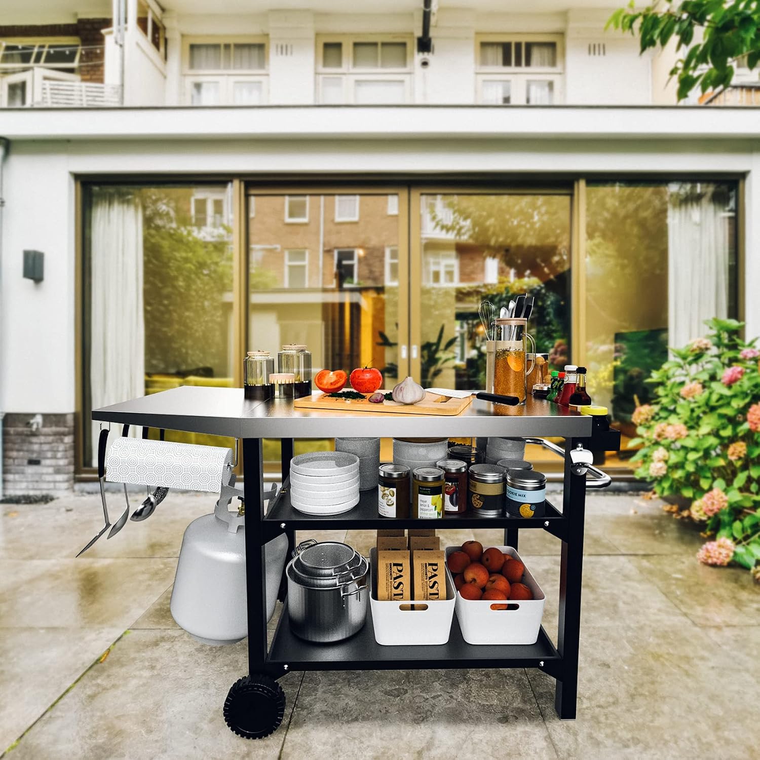 Skyflame Heavy Duty Pizza Oven Table & BBQ Prep Cart, Stainless Steel Rolling Grill Cart with Lockable Wheels, 3 Shelf Outdoor Workstation for Griddle/Patio – 170 lbs, No Wobble