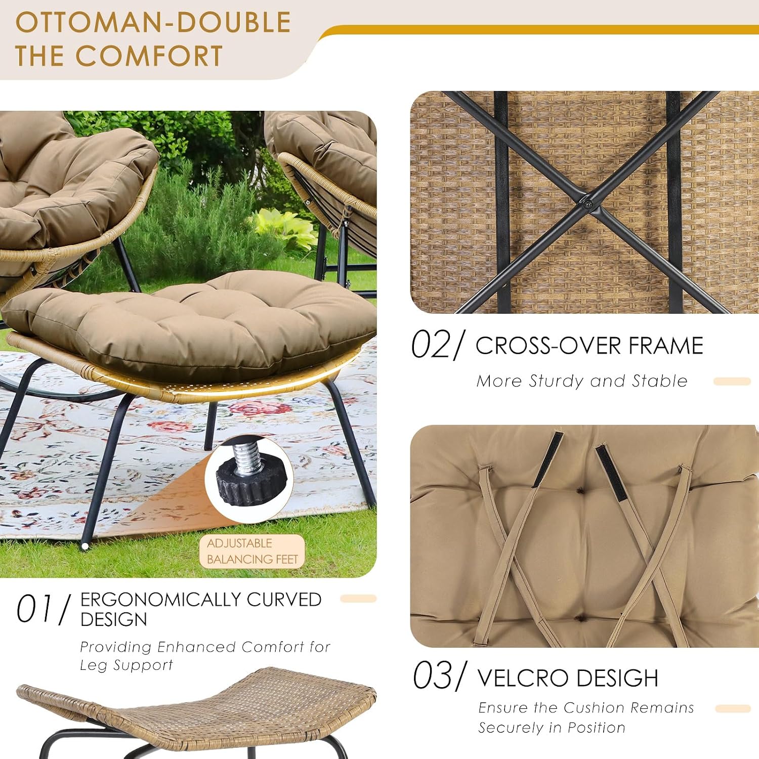 NICESOUL Patio Egg Rocking Chair Set of 2 with Cushions, Indoor Outdoor Oversized Papasan Rockers with Ottoman, 450Lbs Heavy Duty Double Recliner Glider Loung Chairs for Porch Balcony, Brown