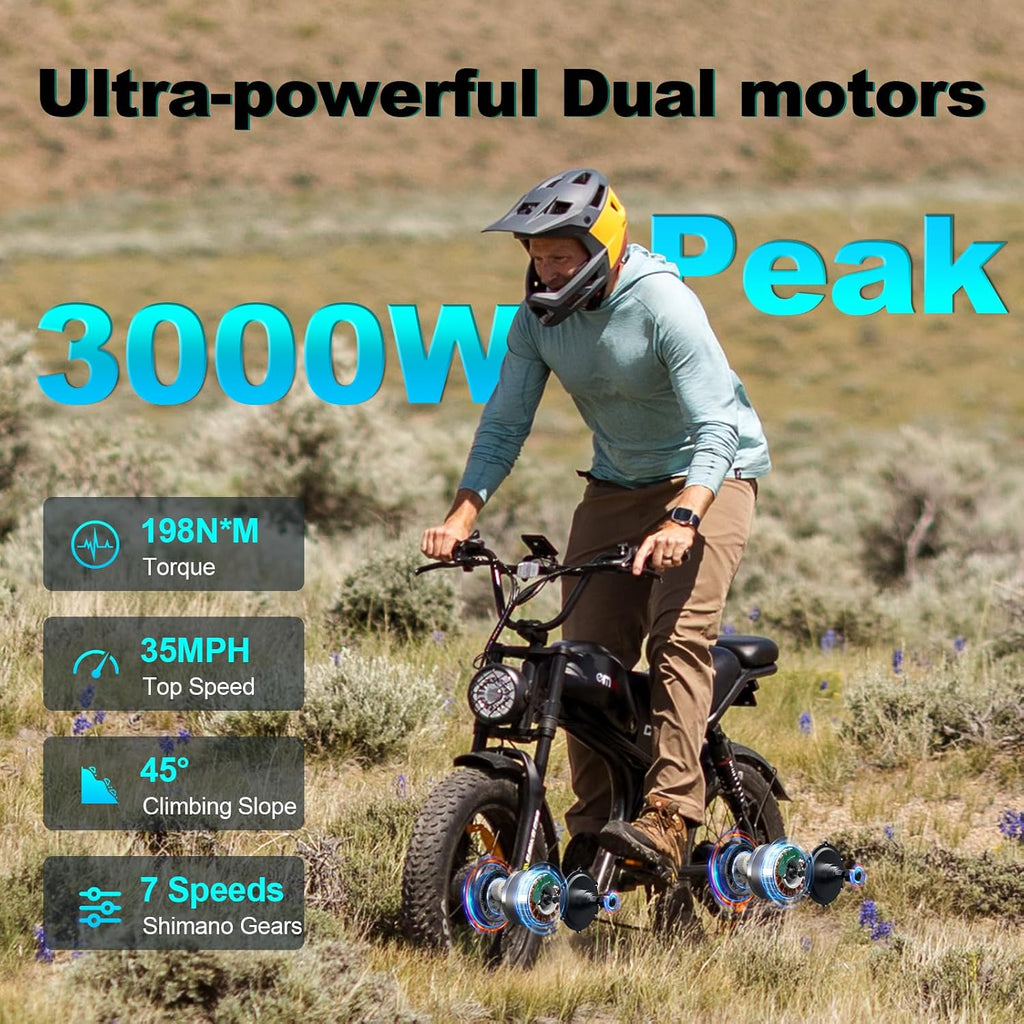 Electric Bike for Adults, Peak 1500W/3000W Ebike, Up to 32-35MPH & 100/110Miles Long Range, 48V 20Ah/23Ah Removable Battery，20'' Fat Tire Mountain Electric Bicycle, 7-Speed with Full Suspension