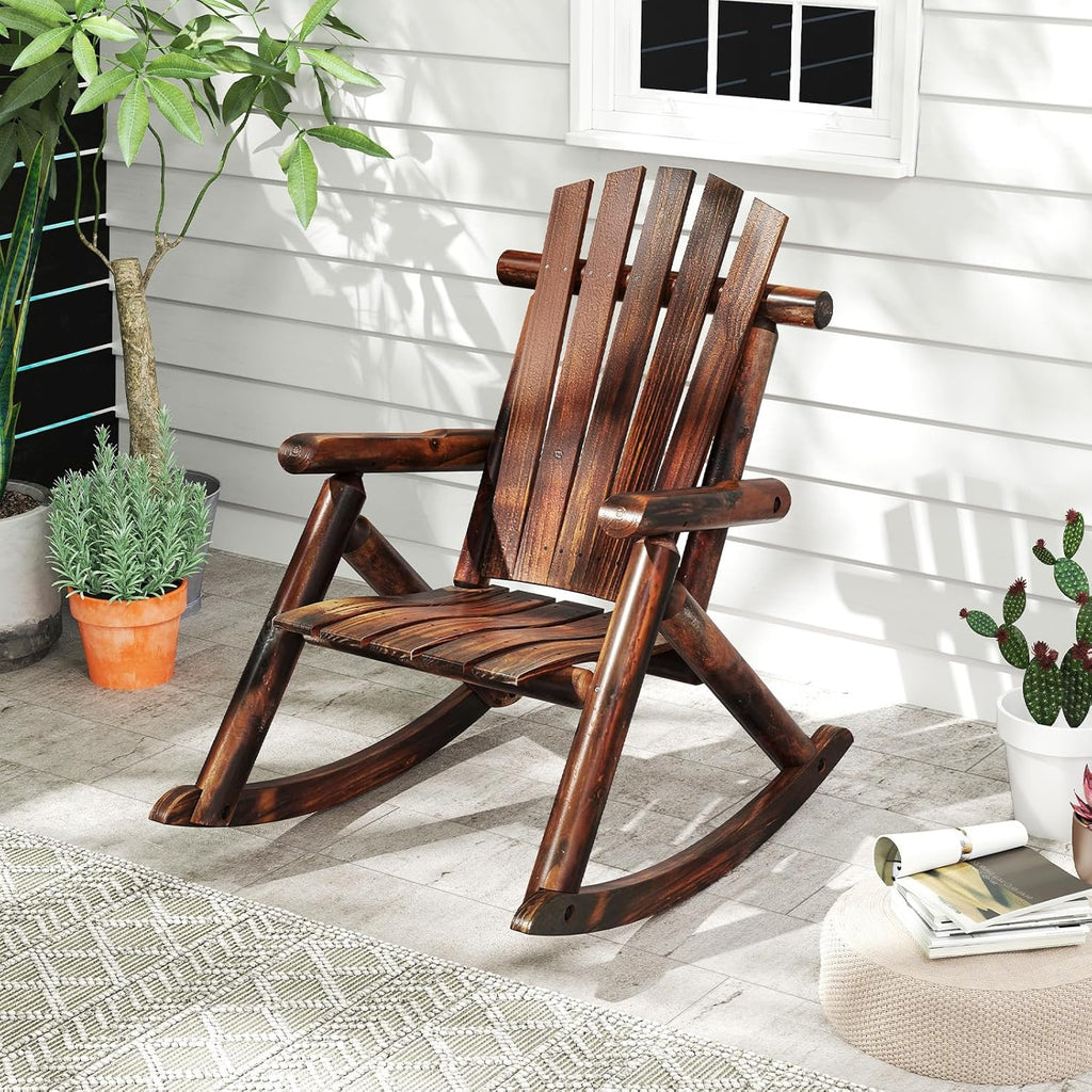 Tangkula Wood Outdoor Rocking Chairs Set of 2, Outside Adirondack Rocker with High Back and Slatted Seat, Oversized Porch Rocking Chair for Balcony, Garden, Backyard, Patio