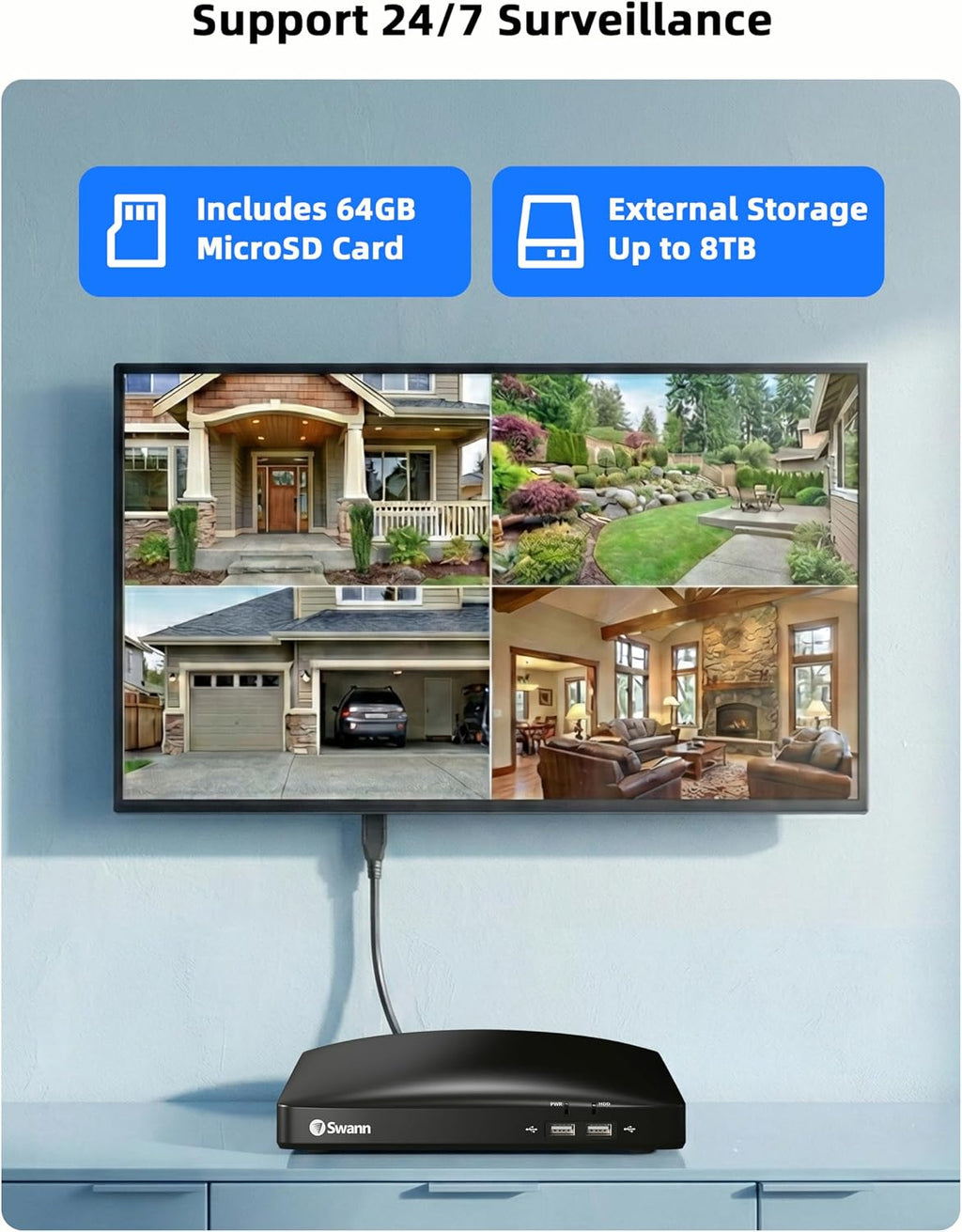 Swann Security Camera System, 1080P Full HD DVR, Wired, 4 Channels 4 Camers, Home/Outdoor, 24/7 Recording, Deterrent Red & Blue Lights, Color Night Vision, Human Vehicle Detection, 446854MQB