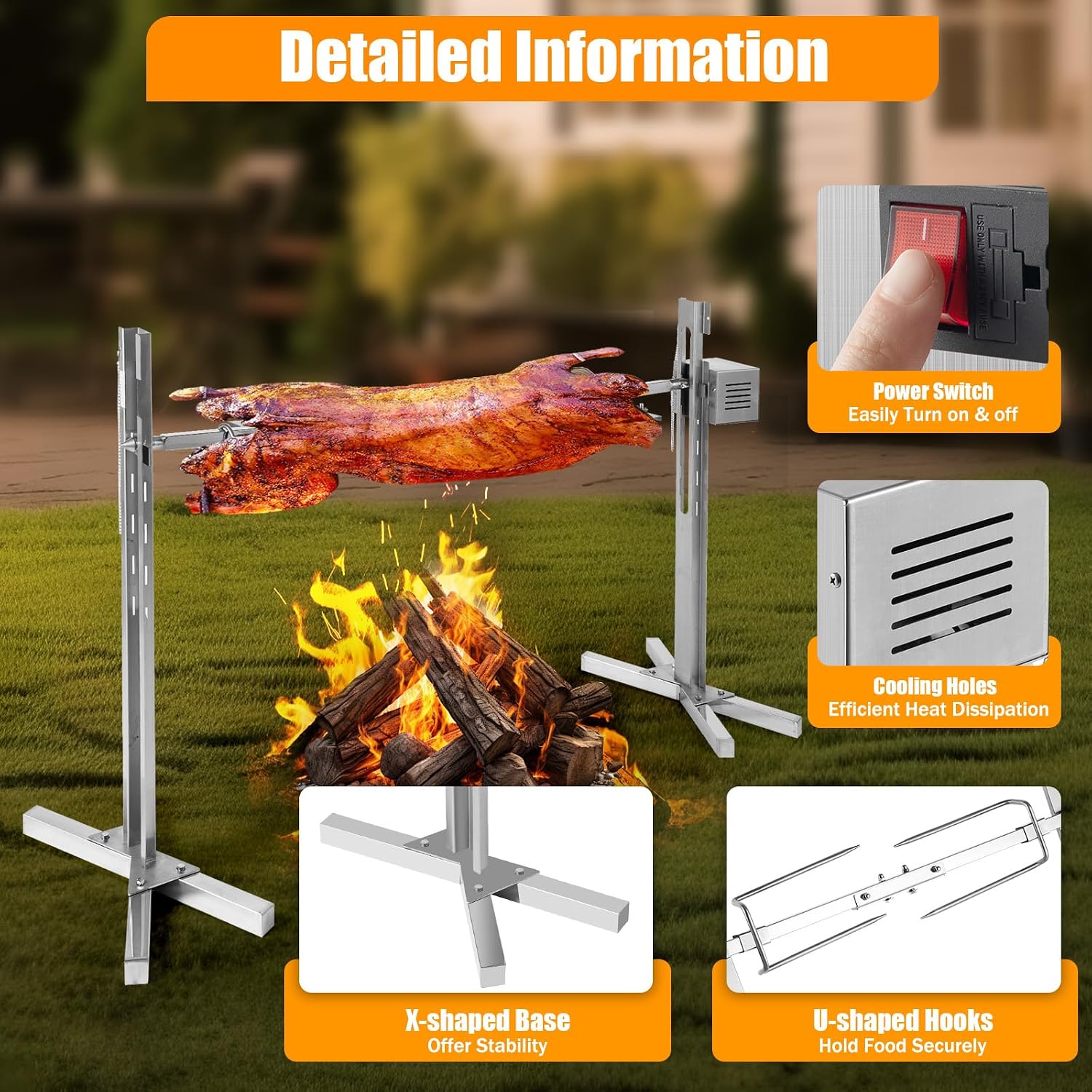 53'' Bbq Grill Stainless Steel Rotating Spit Roaster, Large Stand Charcoal Bbq Party Kit 5 Gear Height Adjustable, Outdoor Picnic Cooker With Motor For Grilling Meat/Fish/Chicken, Camping Bbq Rack