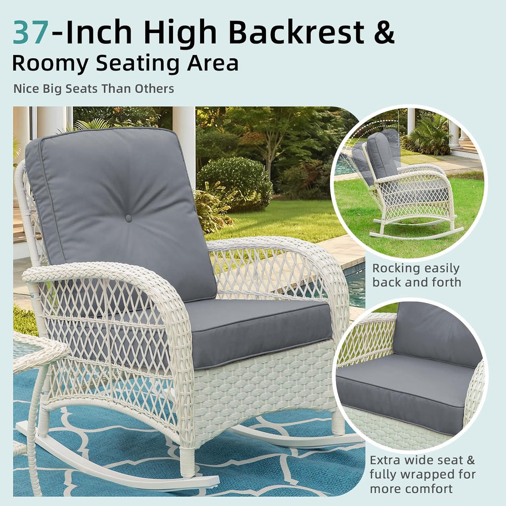 MEETWARM Outdoor Wicker Rocking Chair, Rattan Patio Rocker Chairs with Cushions and High Back, All-Weather Patio Wicker Chair with Safe Rocking Design for Garden Backyard Porch, Cream White/Grey